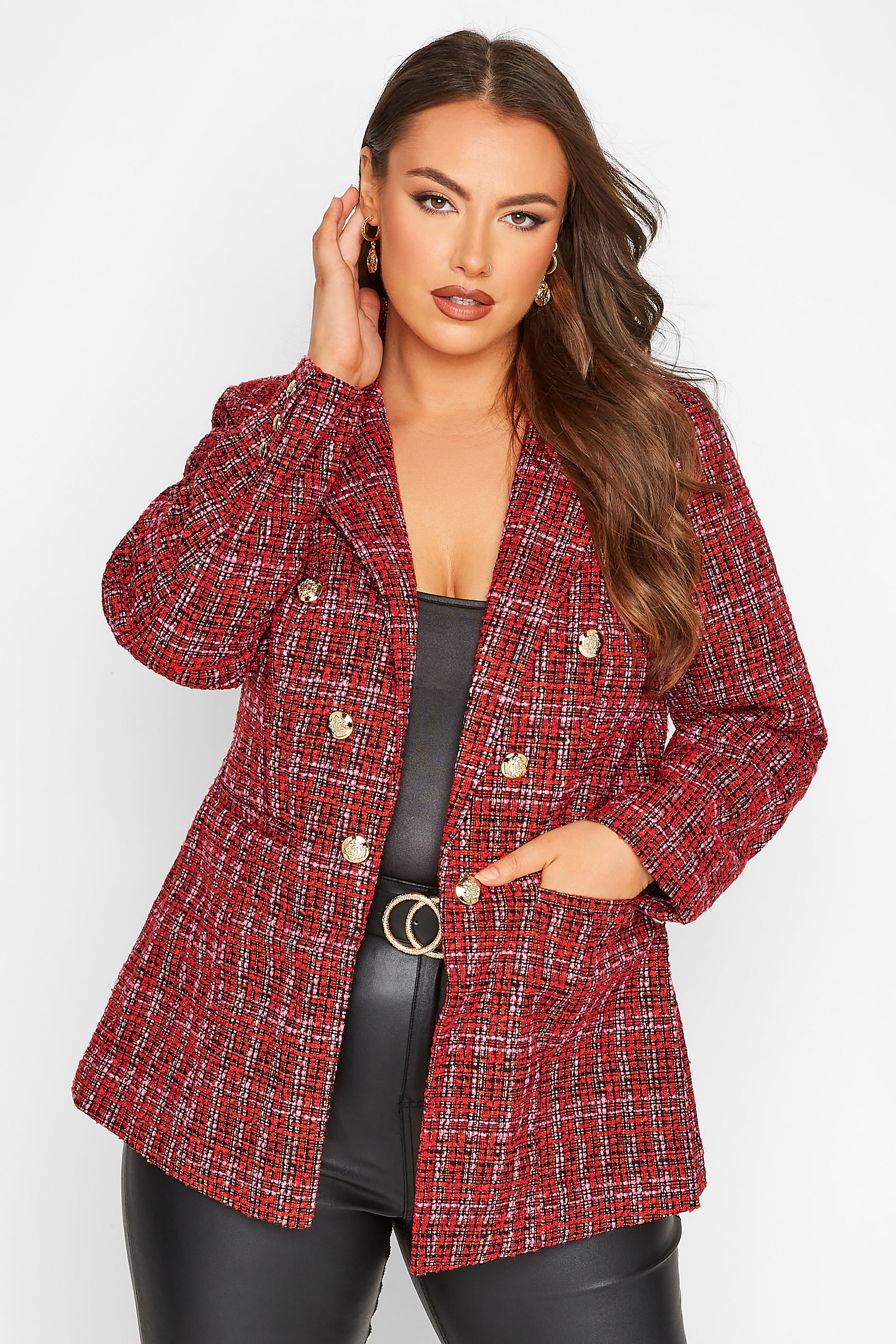 Plus Size Red Check Boucle Blazer | Yours Clothing 1