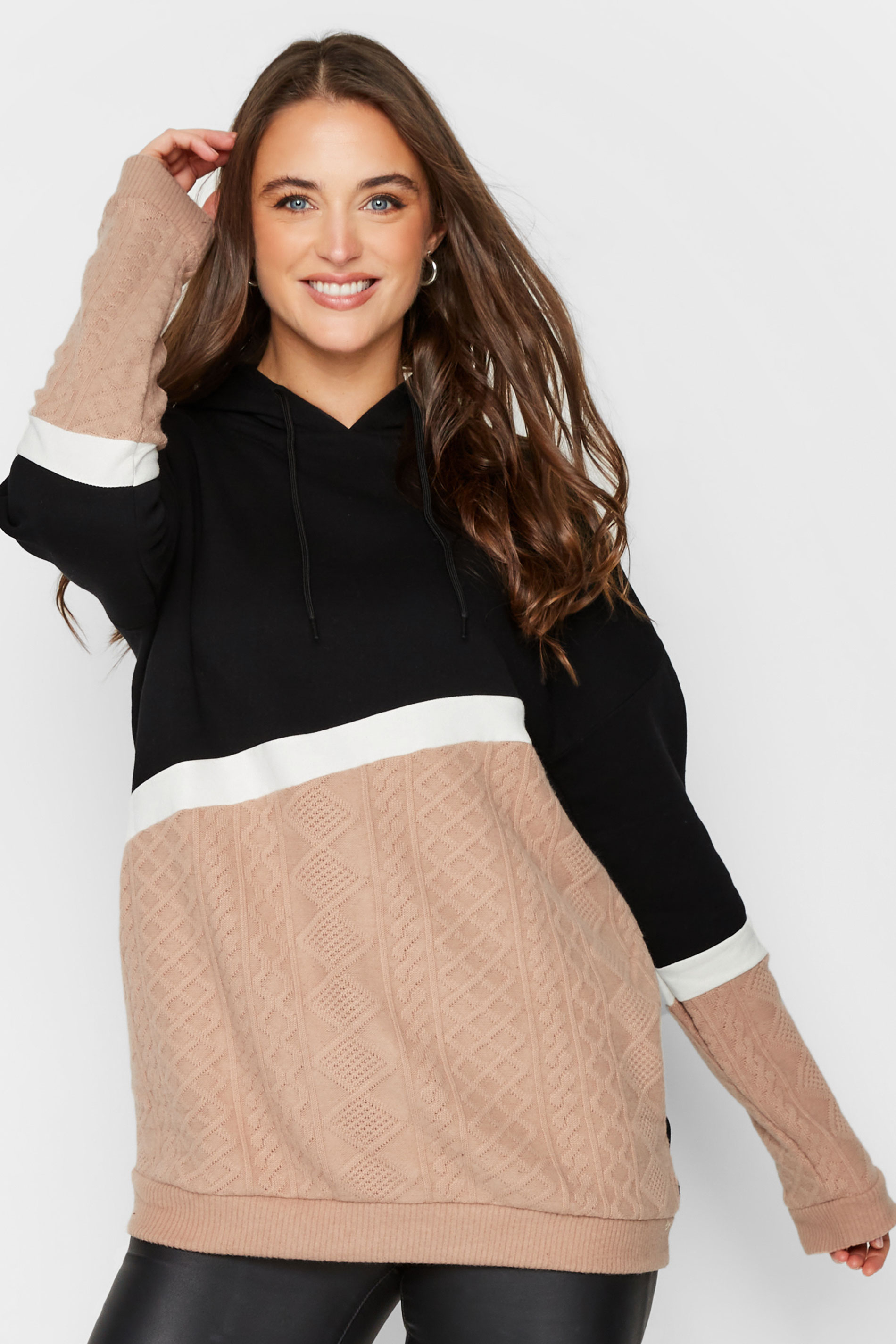 LTS Tall Black & Pink Colour Block Cable Knit Hoodie | Long Tall Sally 1
