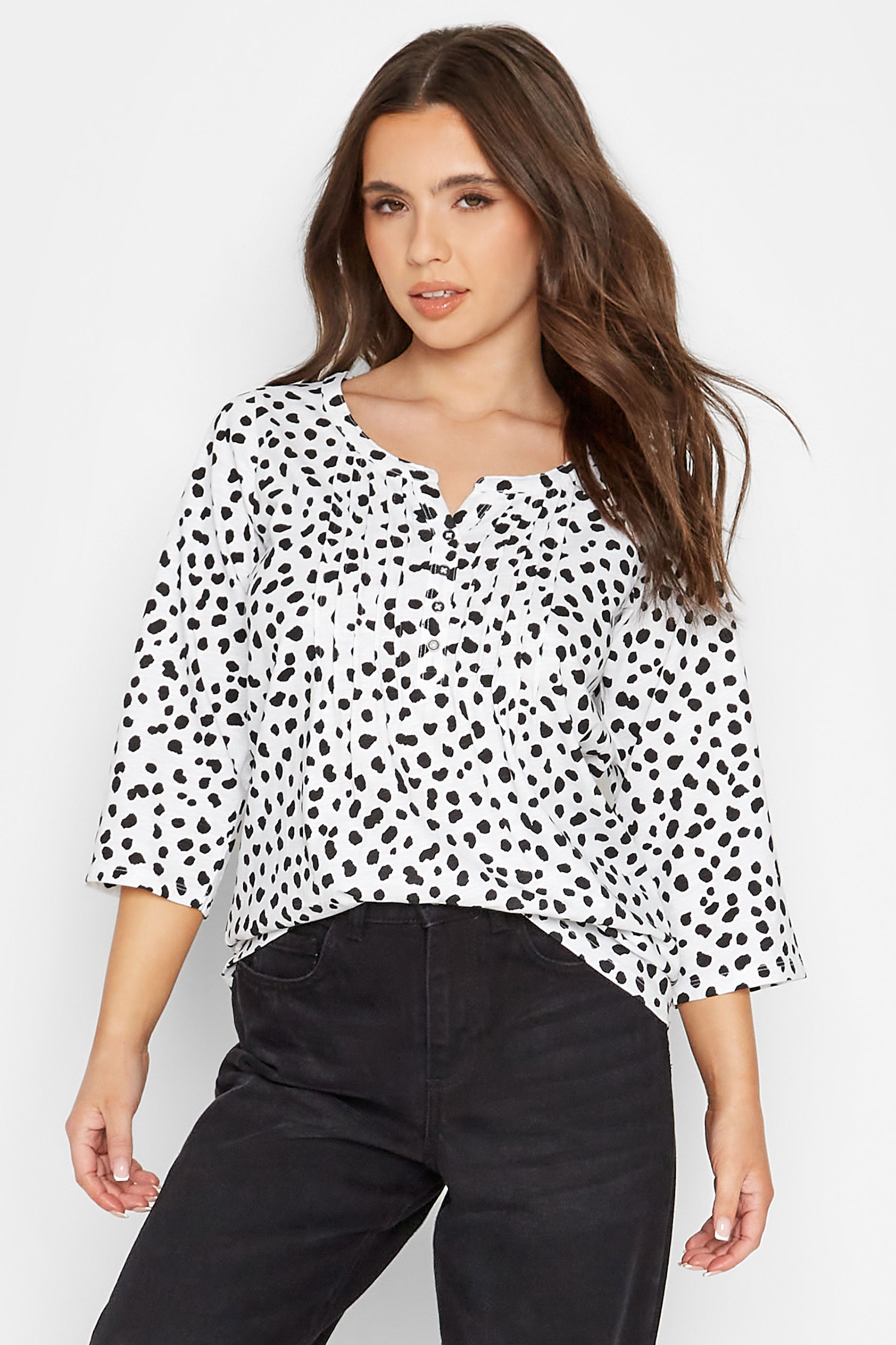 Petite White Animal Print Cotton Henley Top | PixieGirl