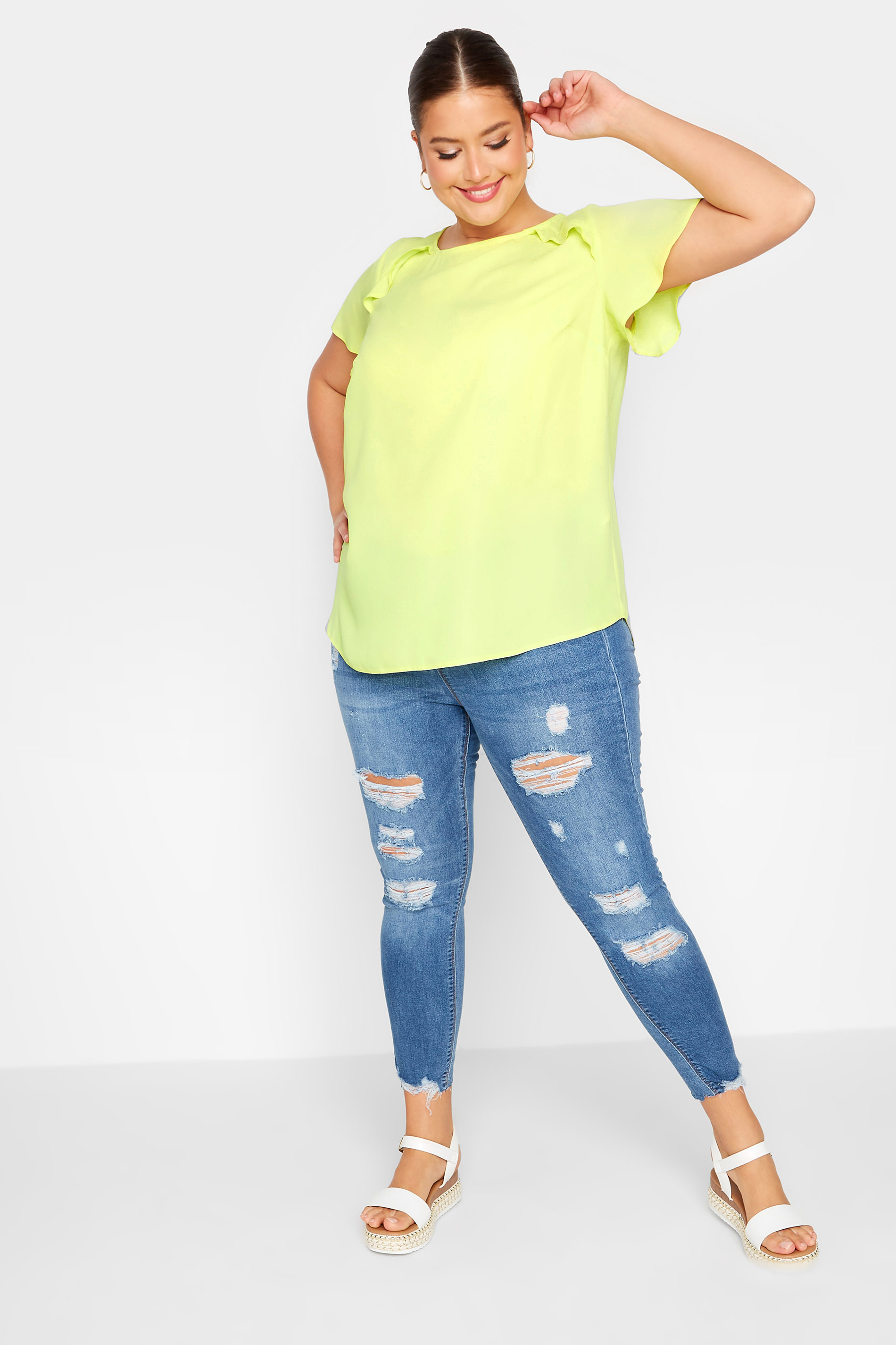 YOURS Plus Size Curve Yellow Frill Short Sleeve Blouse