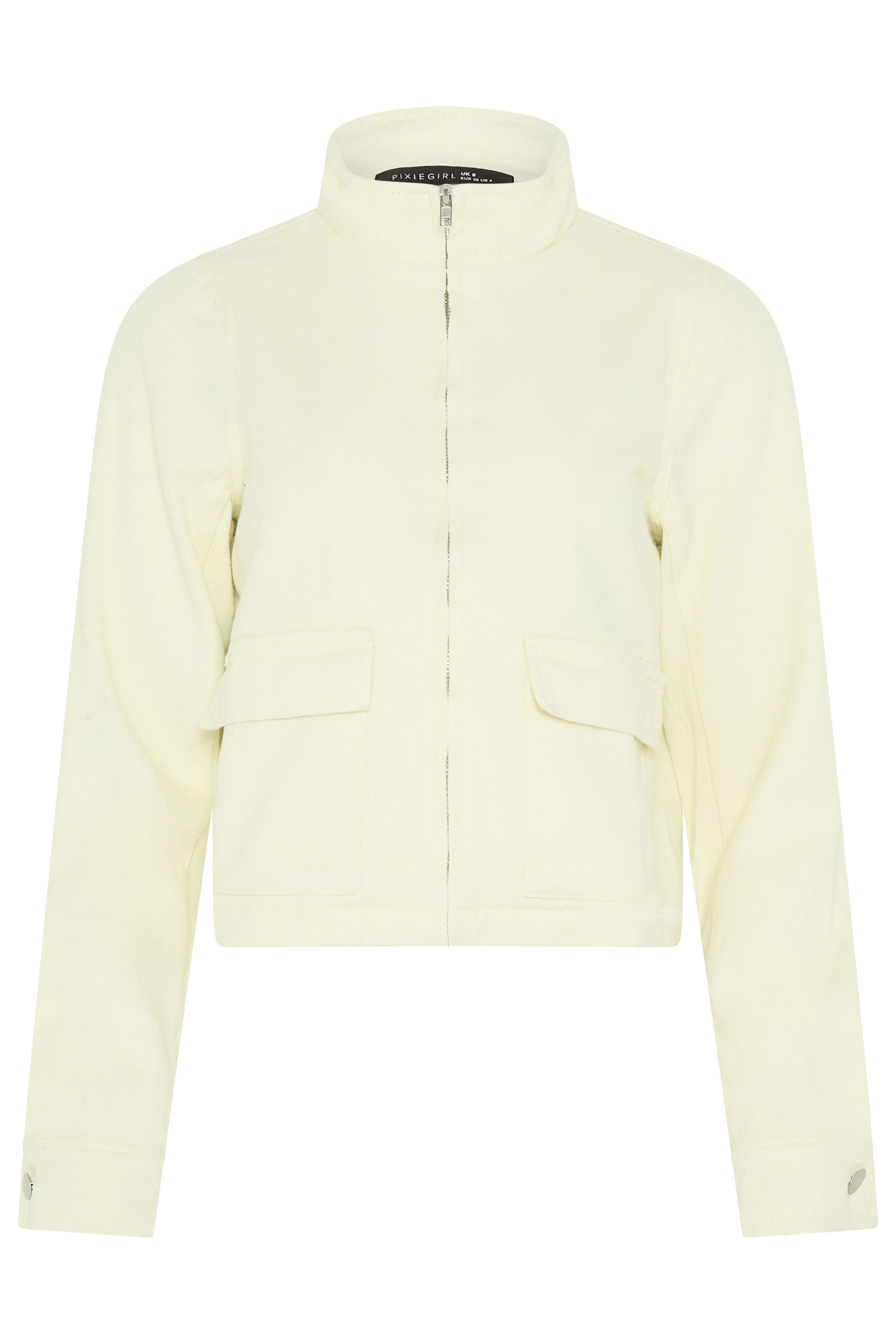 PixieGirl Petite Women's Lemon Yellow Funnel Neck Denim Jacket | PixieGirl 5