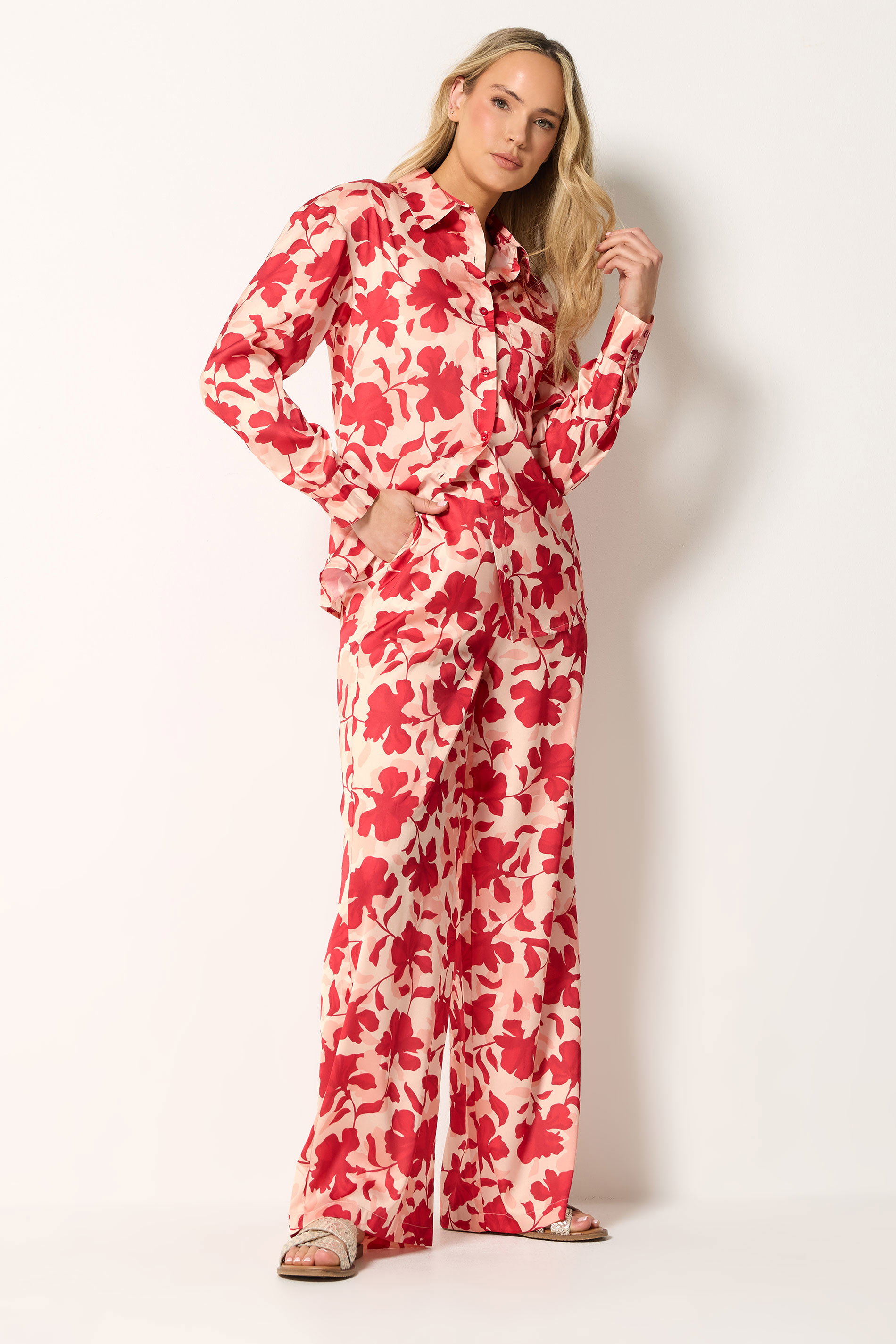 LTS Tall Women's Pink Floral Satin Wide Leg Trousers | Long Tall Sally 1