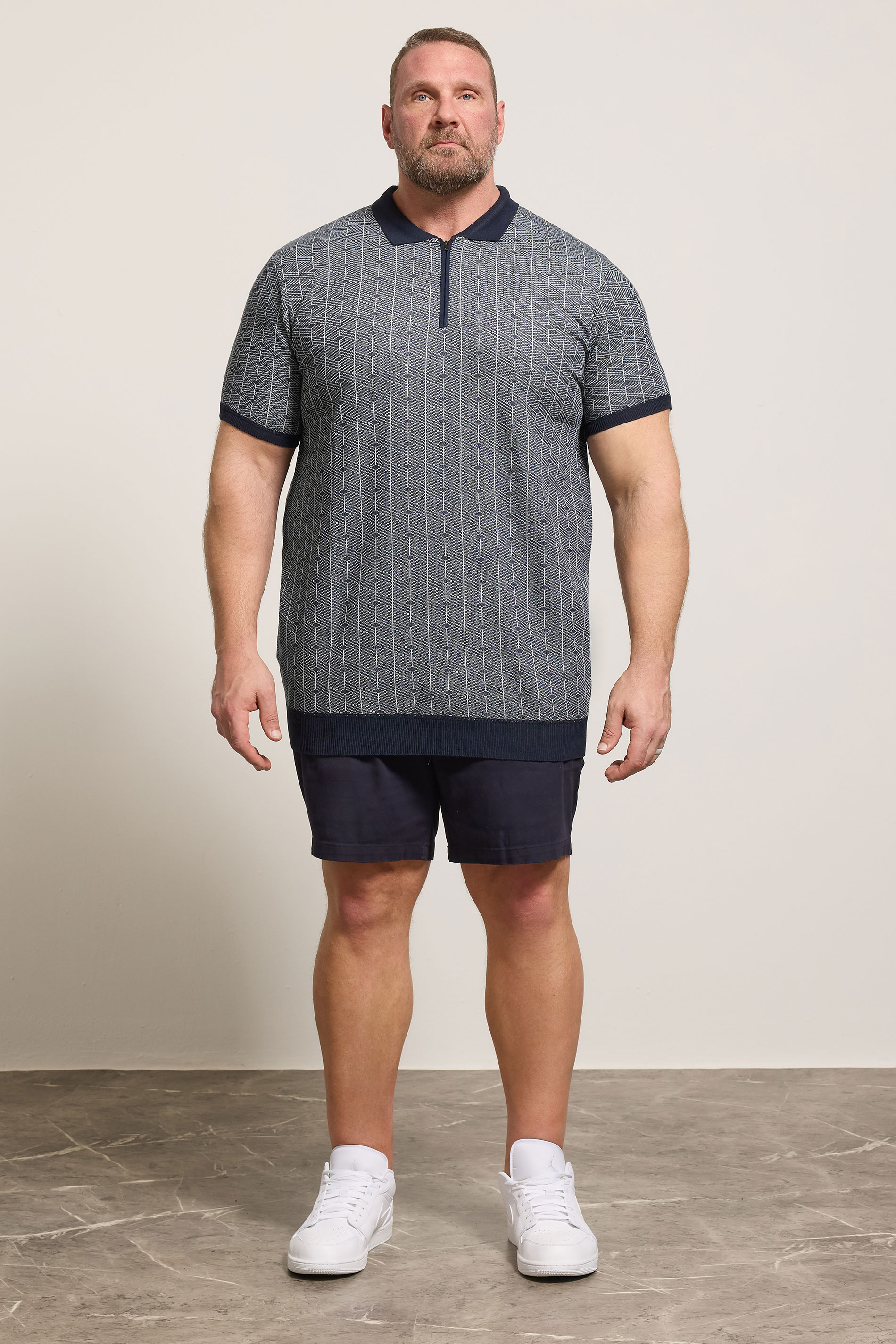 D555 Big & Tall Navy Blue Knitted Quarter Zip Polo Shirt | BadRhino 1