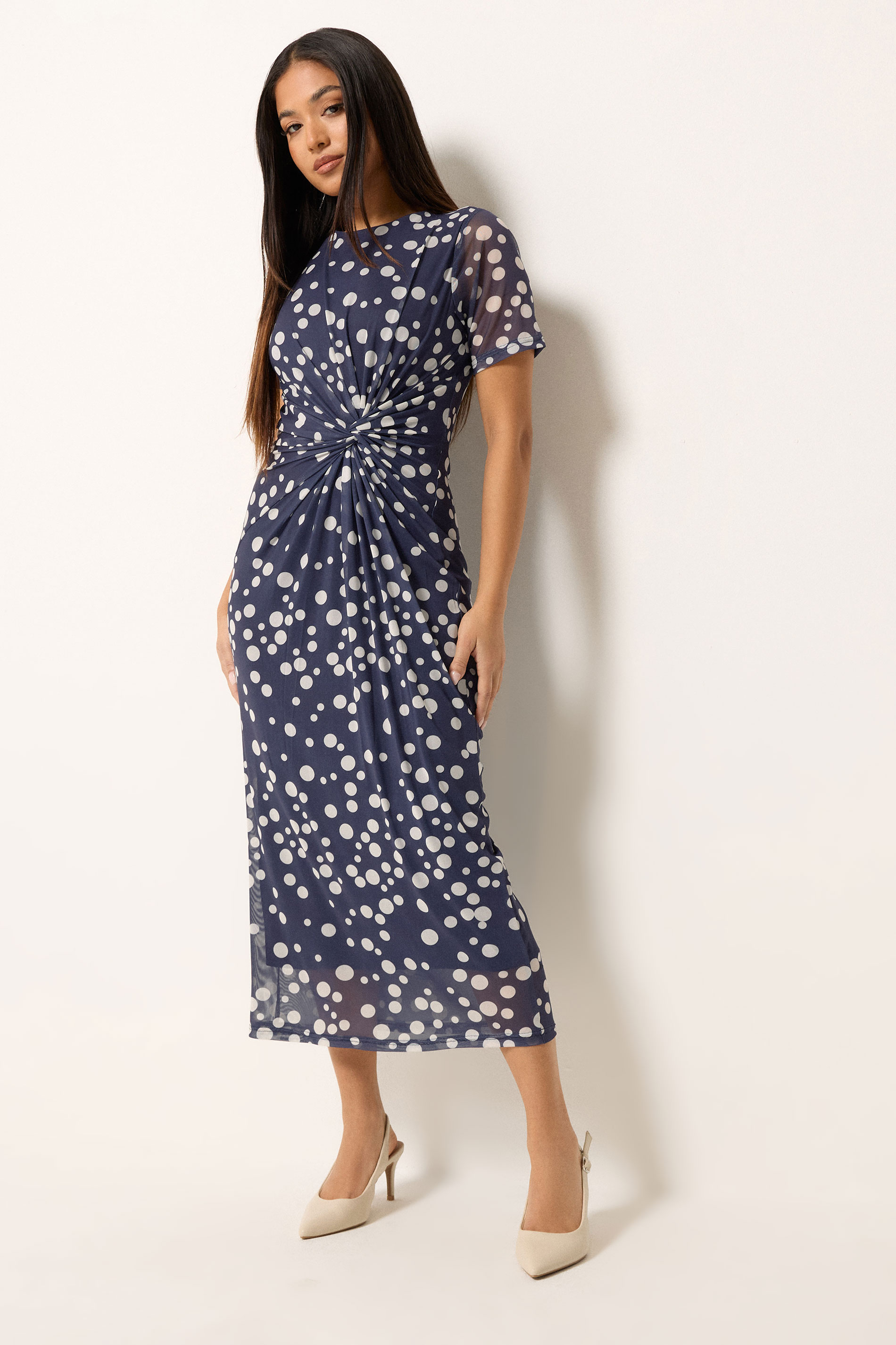 M&Co Petite Blue Polka Dot Twist Front Mesh Maxi Dress | M&Co 1