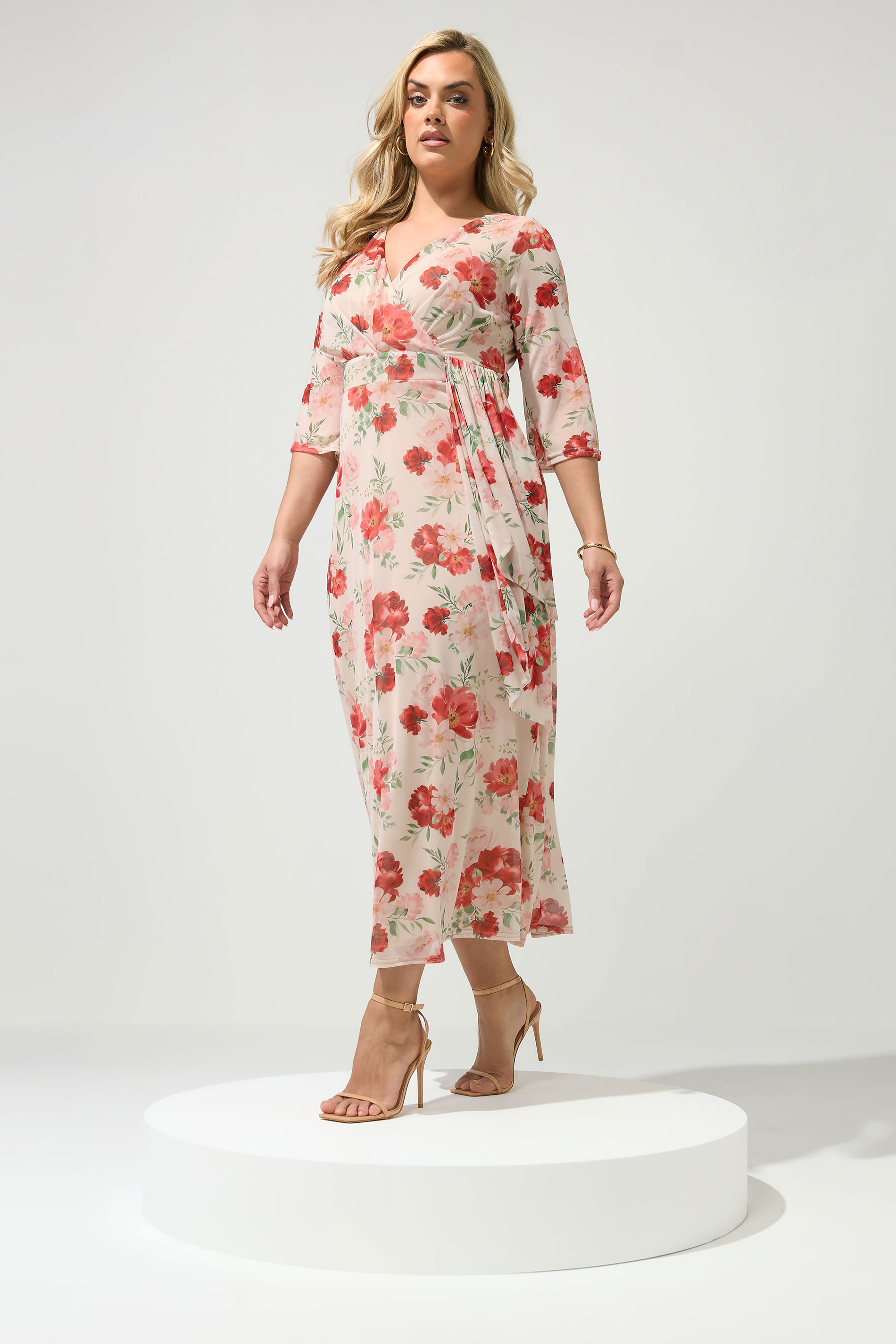 YOURS LONDON Plus Size Ivory White Floral Mesh Wrap Dress | Yours Clothing 1