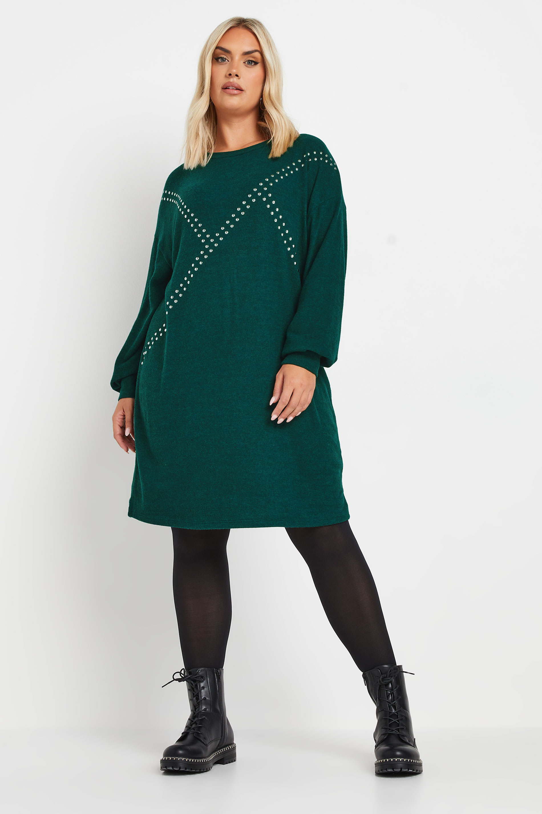 YOURS Plus Size Green Stud Jumper Dress | Yours Clothing 3