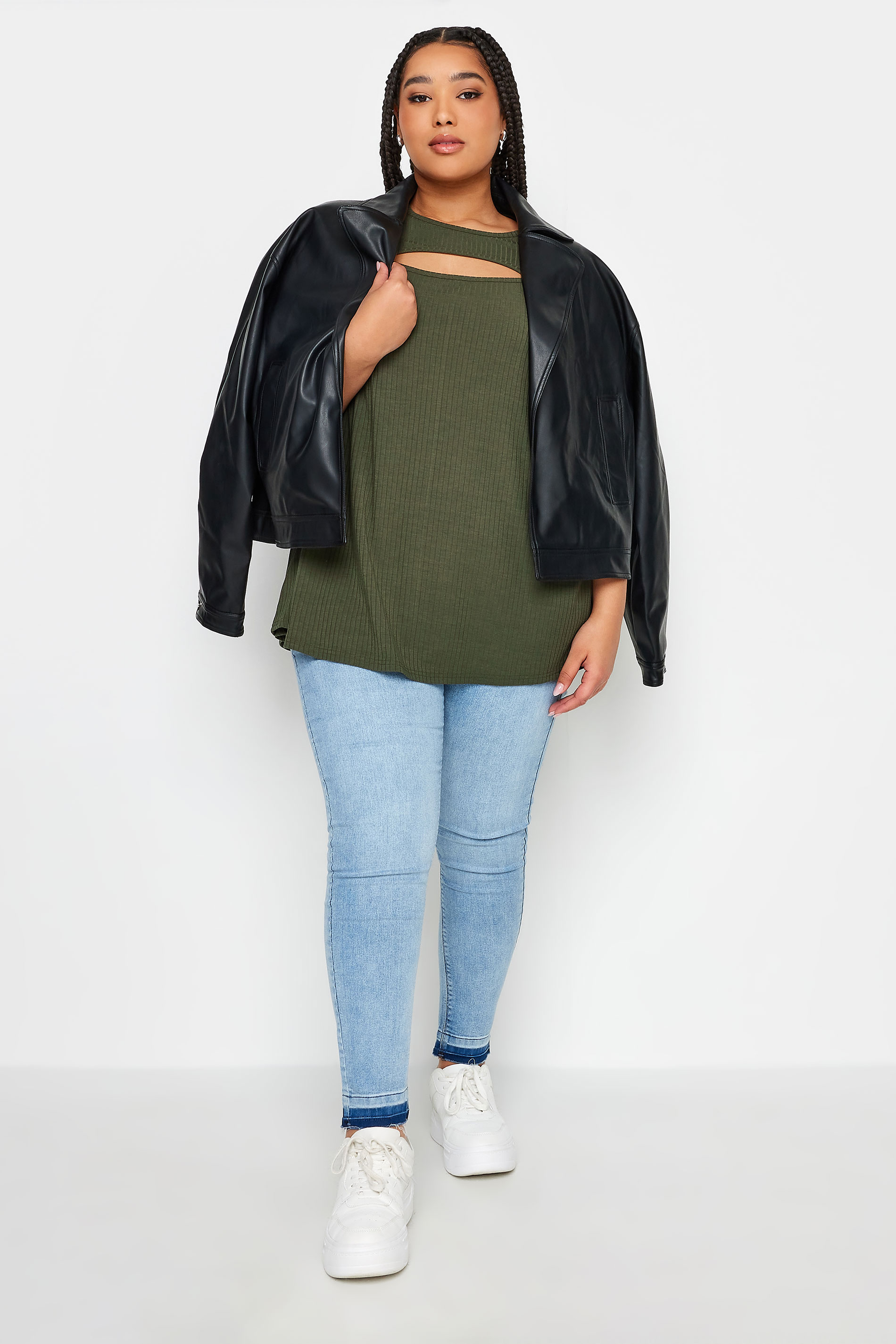 YOURS Plus Size Khaki Green Ribbed Cut Out T-Shirt | Yours Clothing 2