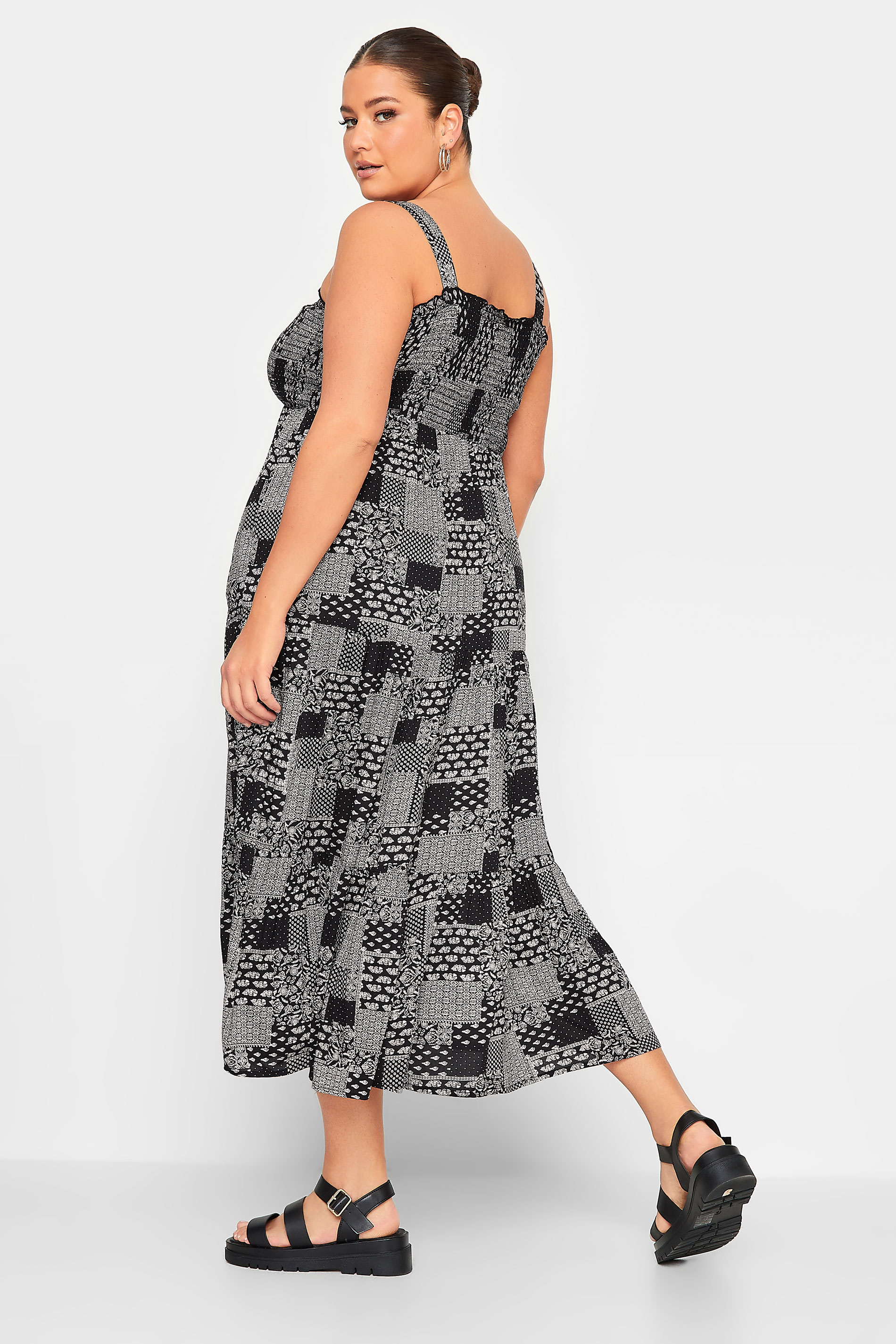 YOURS Plus Size Black Patchwork Print Shirred Strappy Sundress | Yours Clothing  3