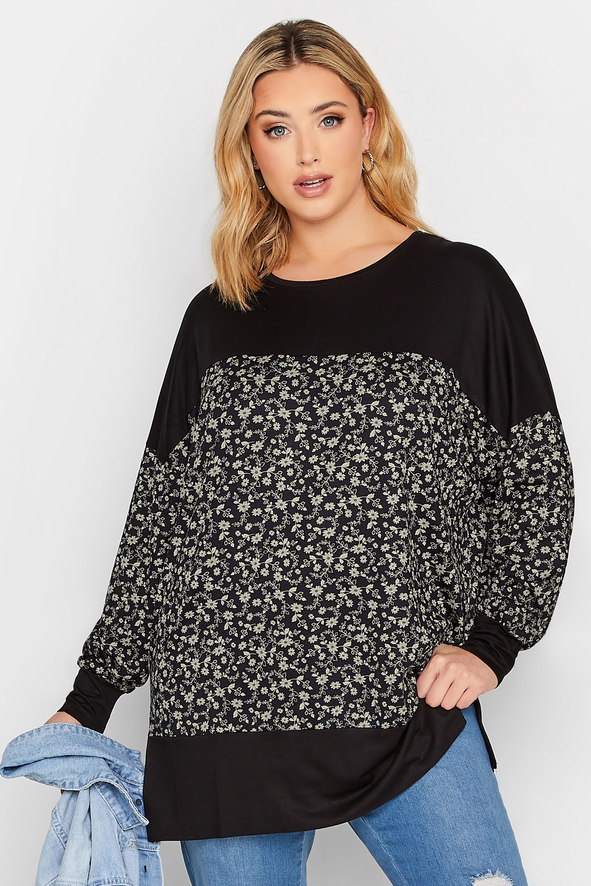 Plus Size Black Floral Print Long Sleeve Top | Yours Clothing  1