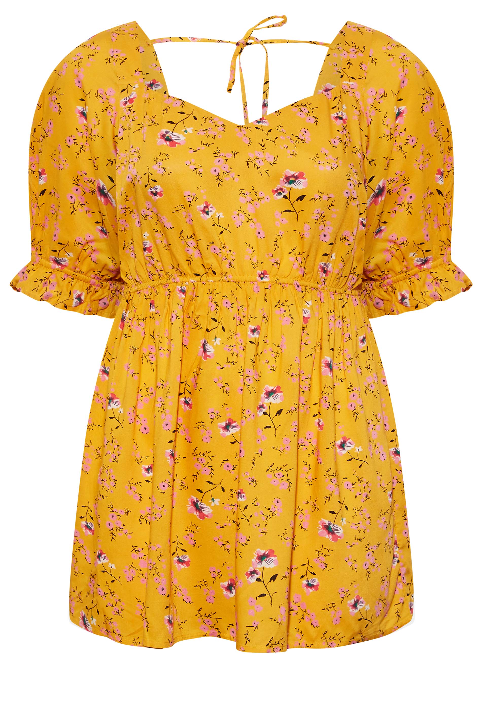 Plus Size Mustard Yellow Floral Print Sweetheart Puff Sleeve Top ...