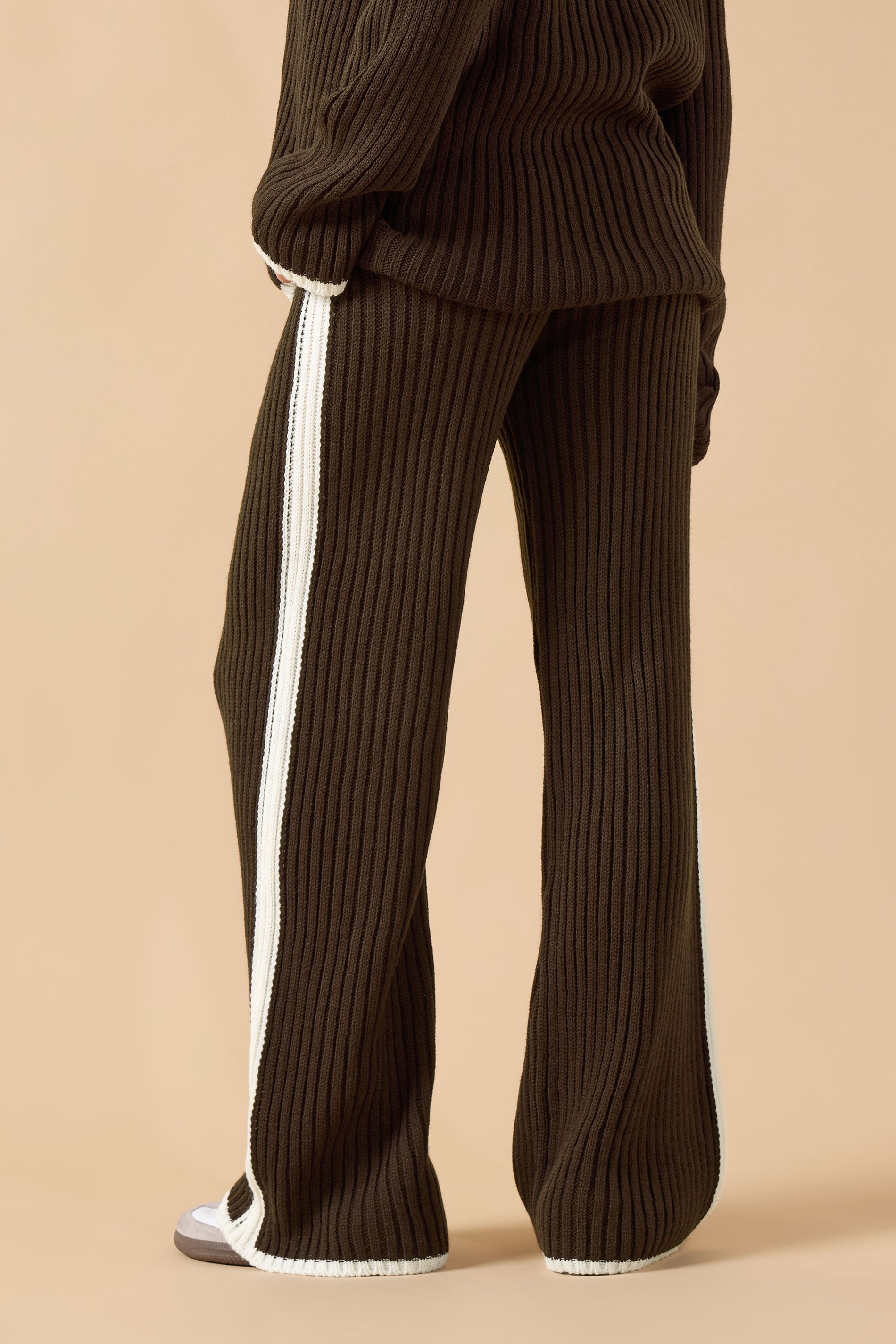 PixieGirl Petite Women's Chocolate Brown Knitted Side Stripe Trousers | PixieGirl 2