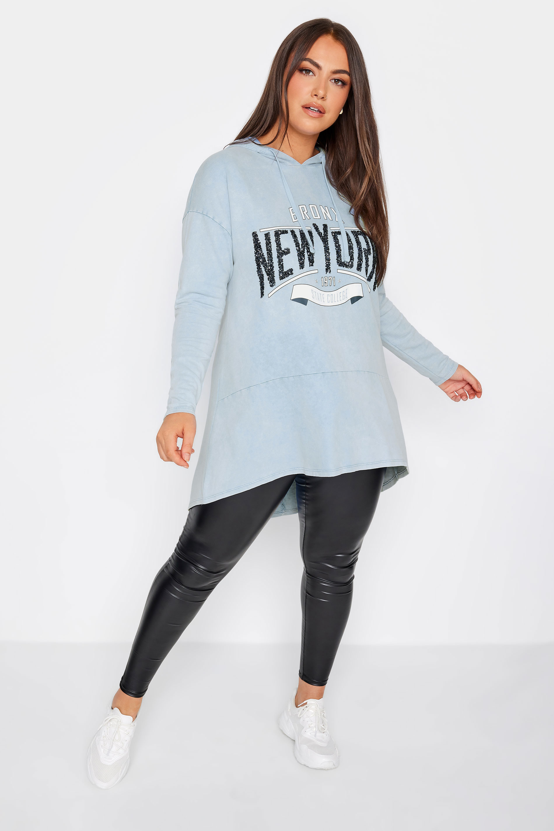 YOURS Plus Size Light Blue 'New York' Slogan Acid Wash Hoodie | Yours Clothing 2