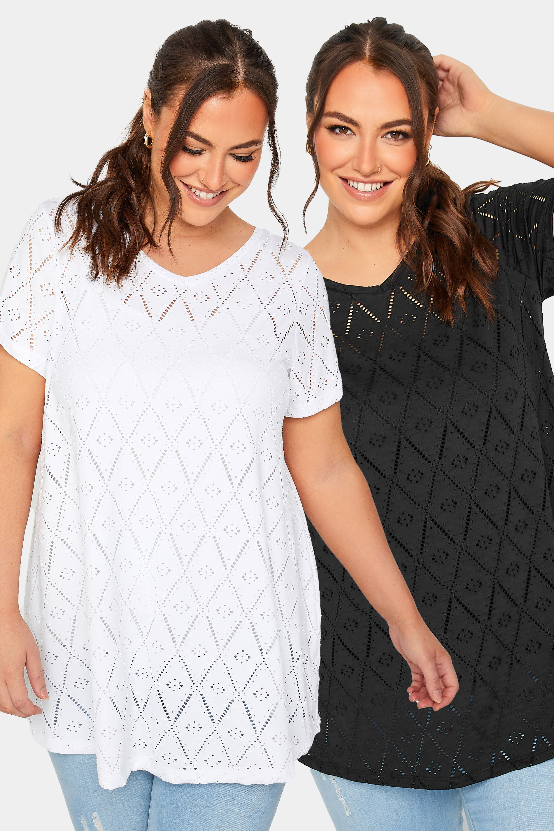 YOURS 2 PACK Plus Size Black & White Broderie Anglaise Swing Tops | Yours Clothing 1