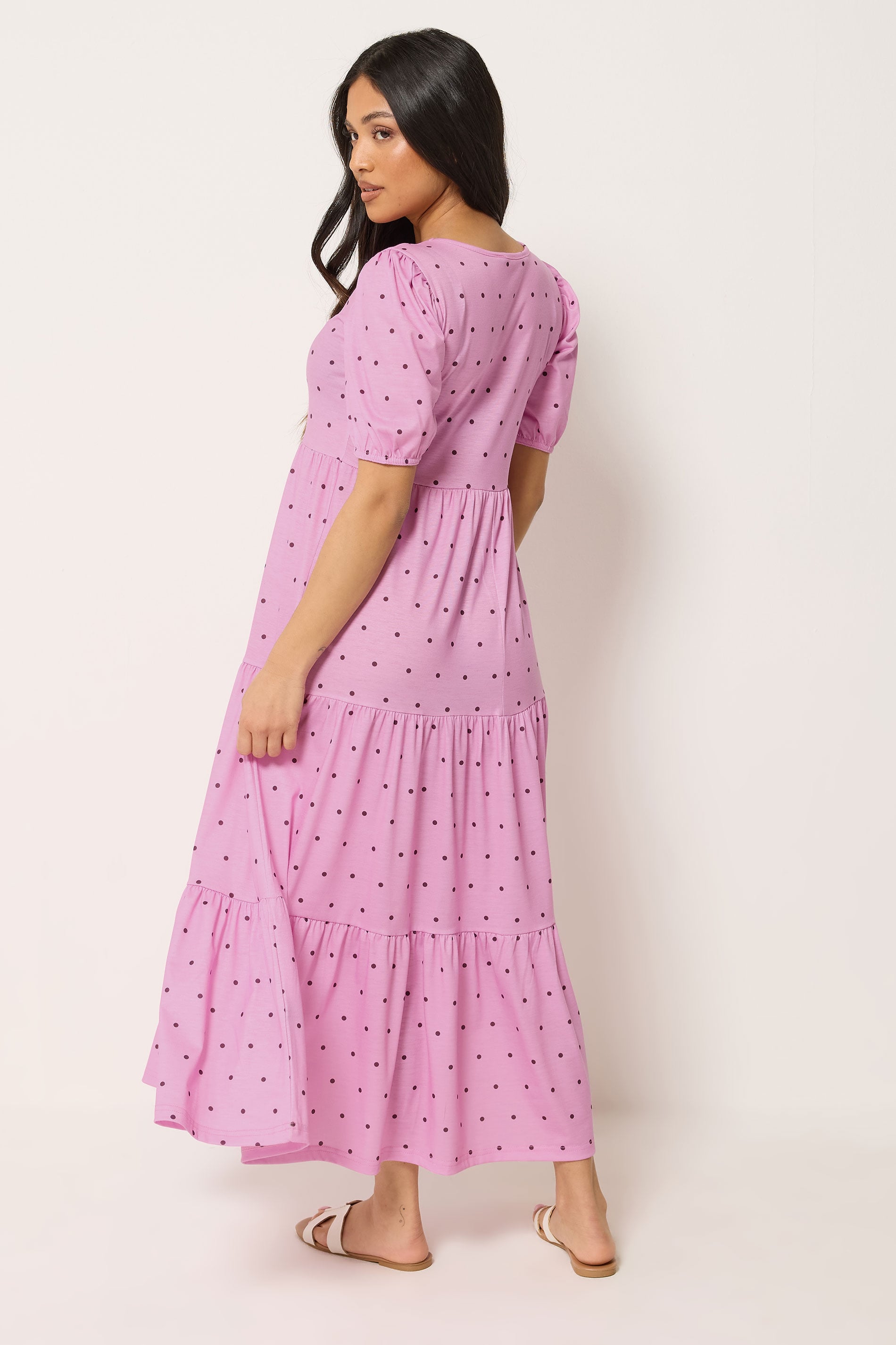 PixieGirl Petite Women's Pink Polka Dot Tiered Maxi Dress | PixieGirl 2