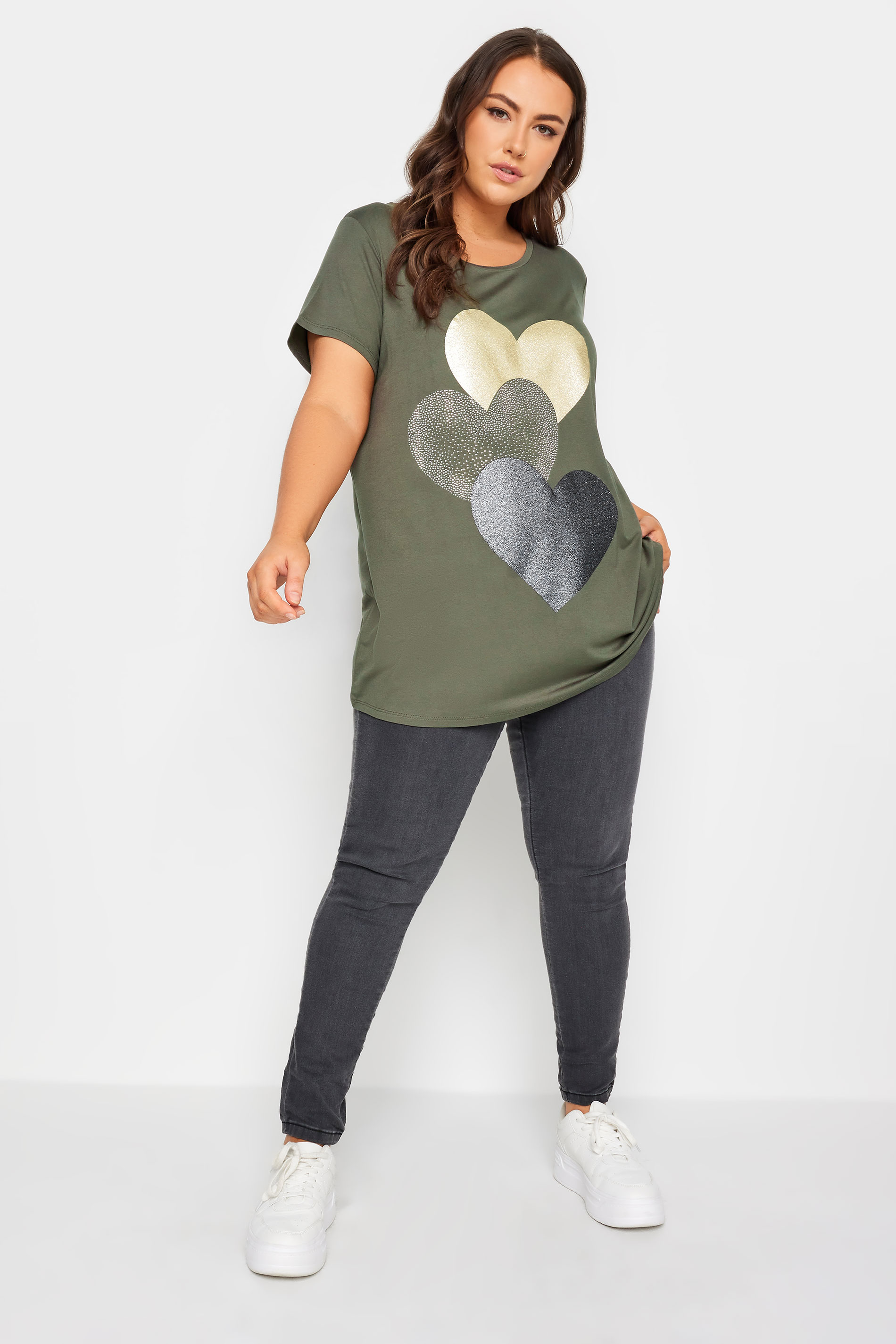 YOURS Plus Size Khaki Green Glitter Heart Print T-Shirt | Yours Clothing  2