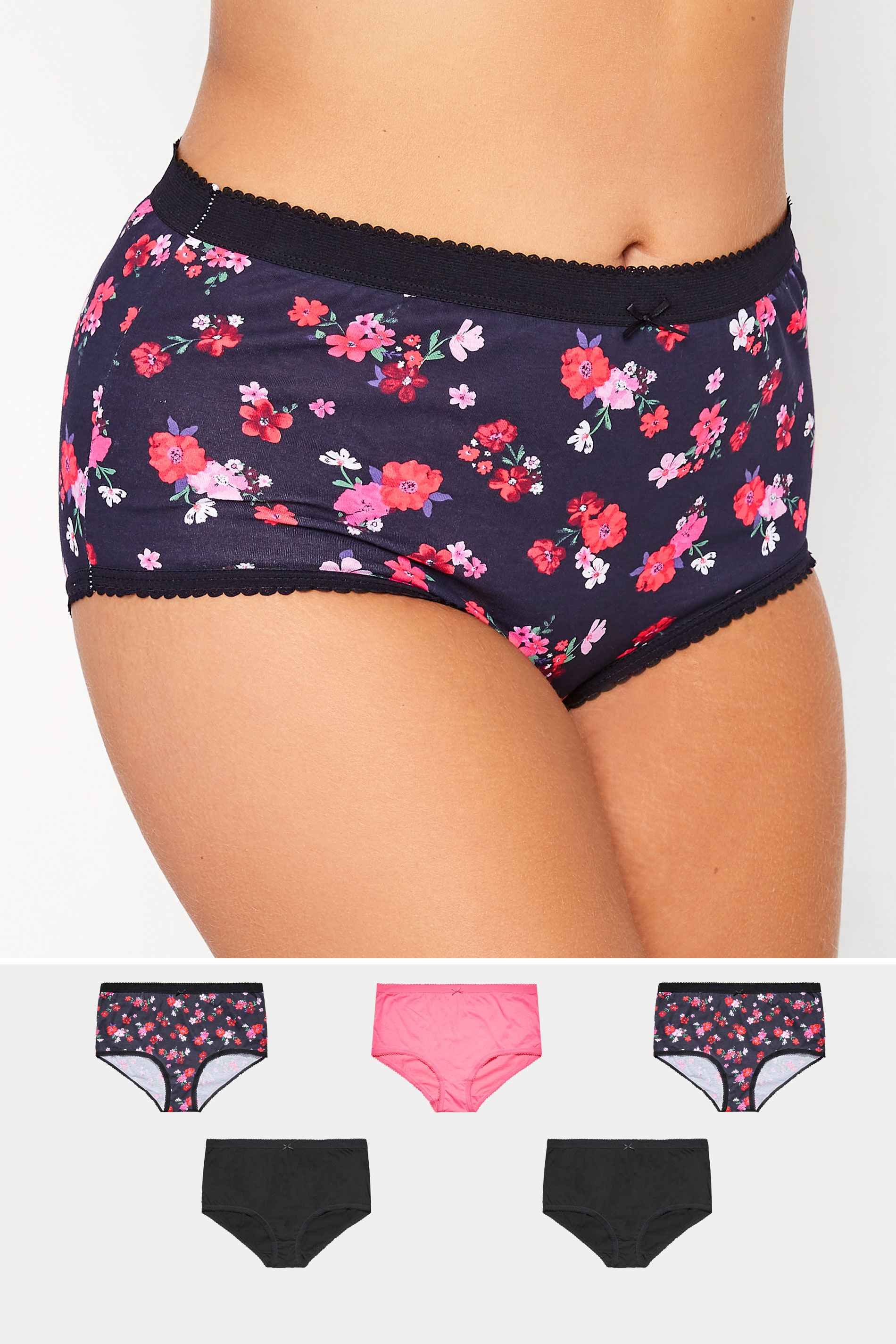 Plus Size 5 PACK Pink & Black Autumn Floral Print High Waisted Full Briefs | Yours Clothing  1