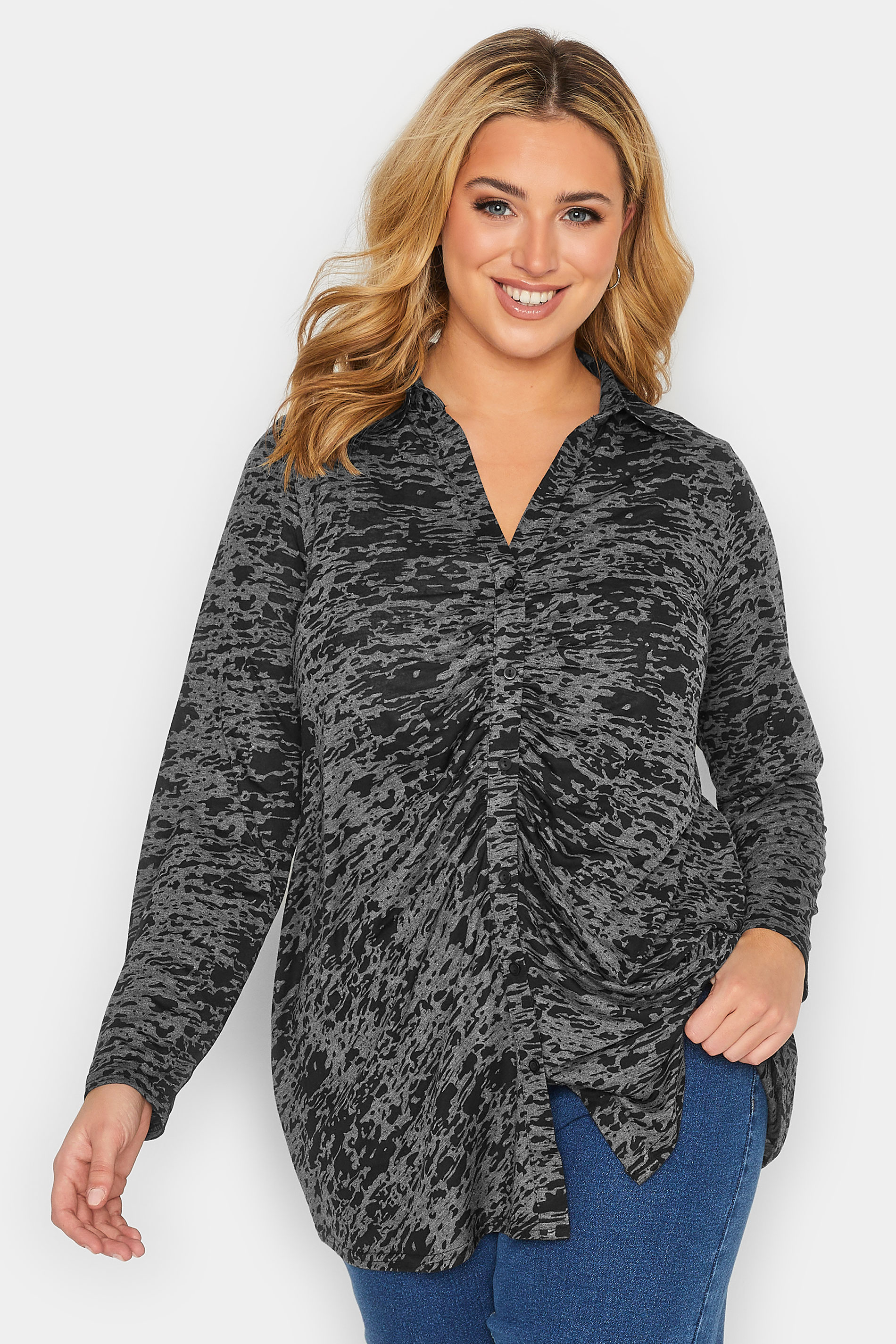 YOURS Plus Size Black Burnout Ruched Front Shirt | Yours Clothing  1