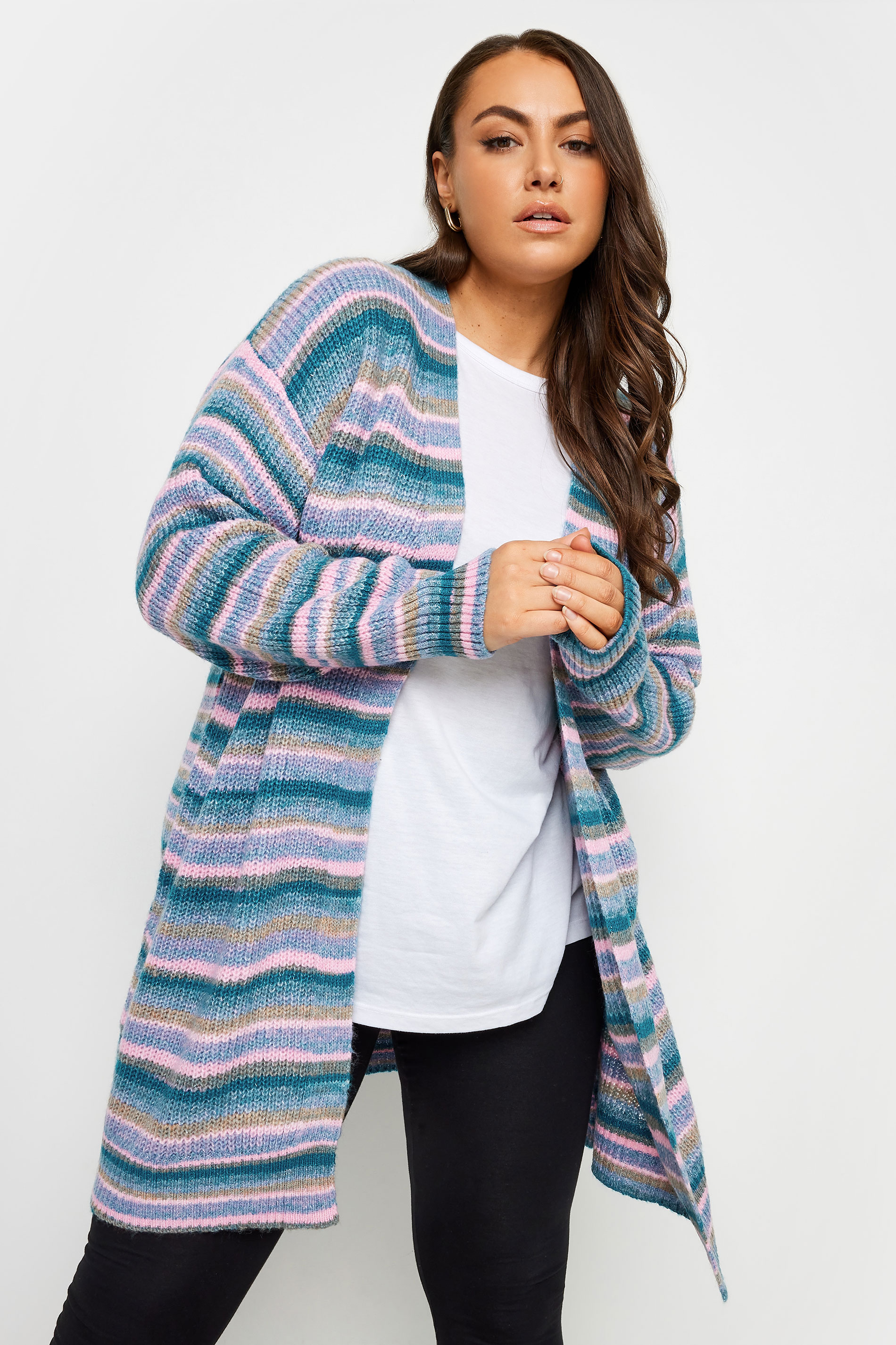 YOURS Plus Size Teal Blue Stripe Knitted Cardigan | Yours Clothing 1