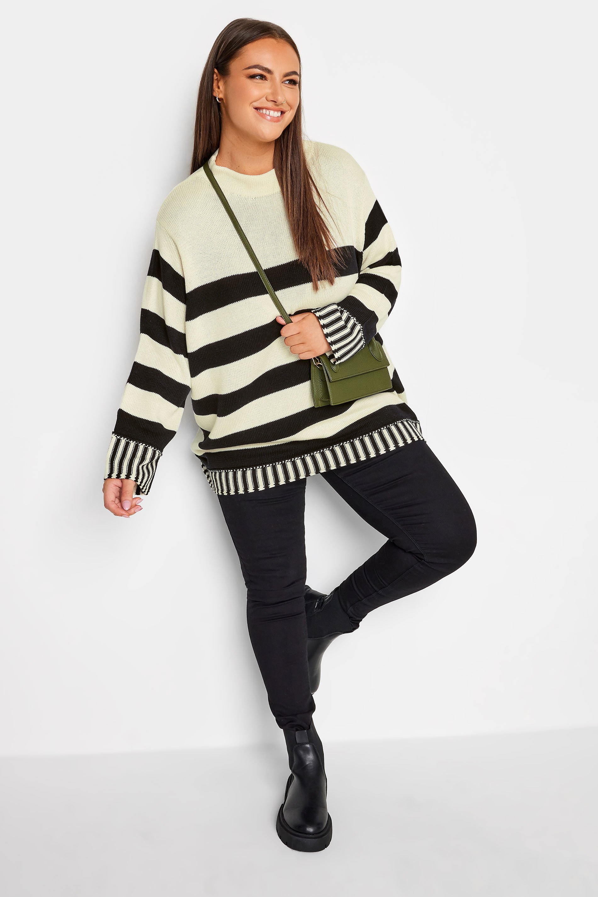 YOURS Plus Size White & Black Stripe Turtle Neck Knitted Jumper | Yours Clothing  3