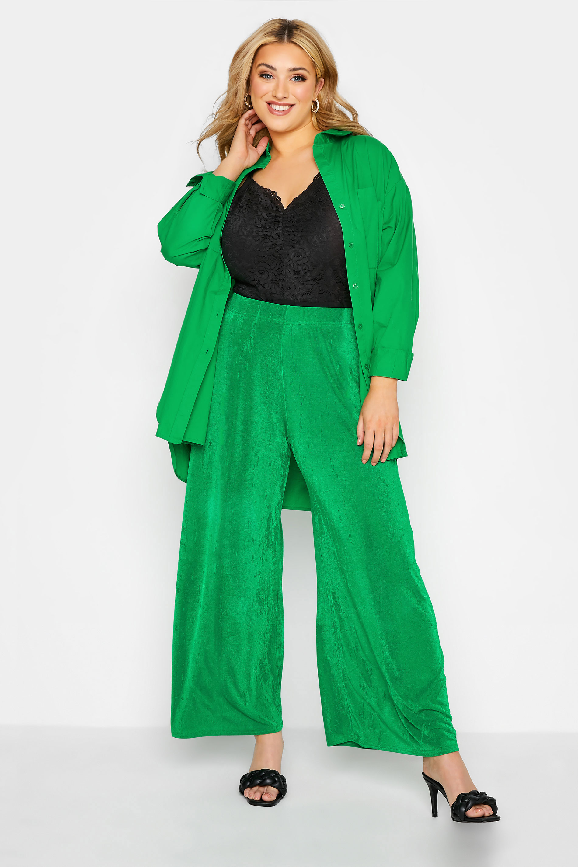 Plus Size Bright Green Slinky Wide Leg Trousers | Yours Clothing  1