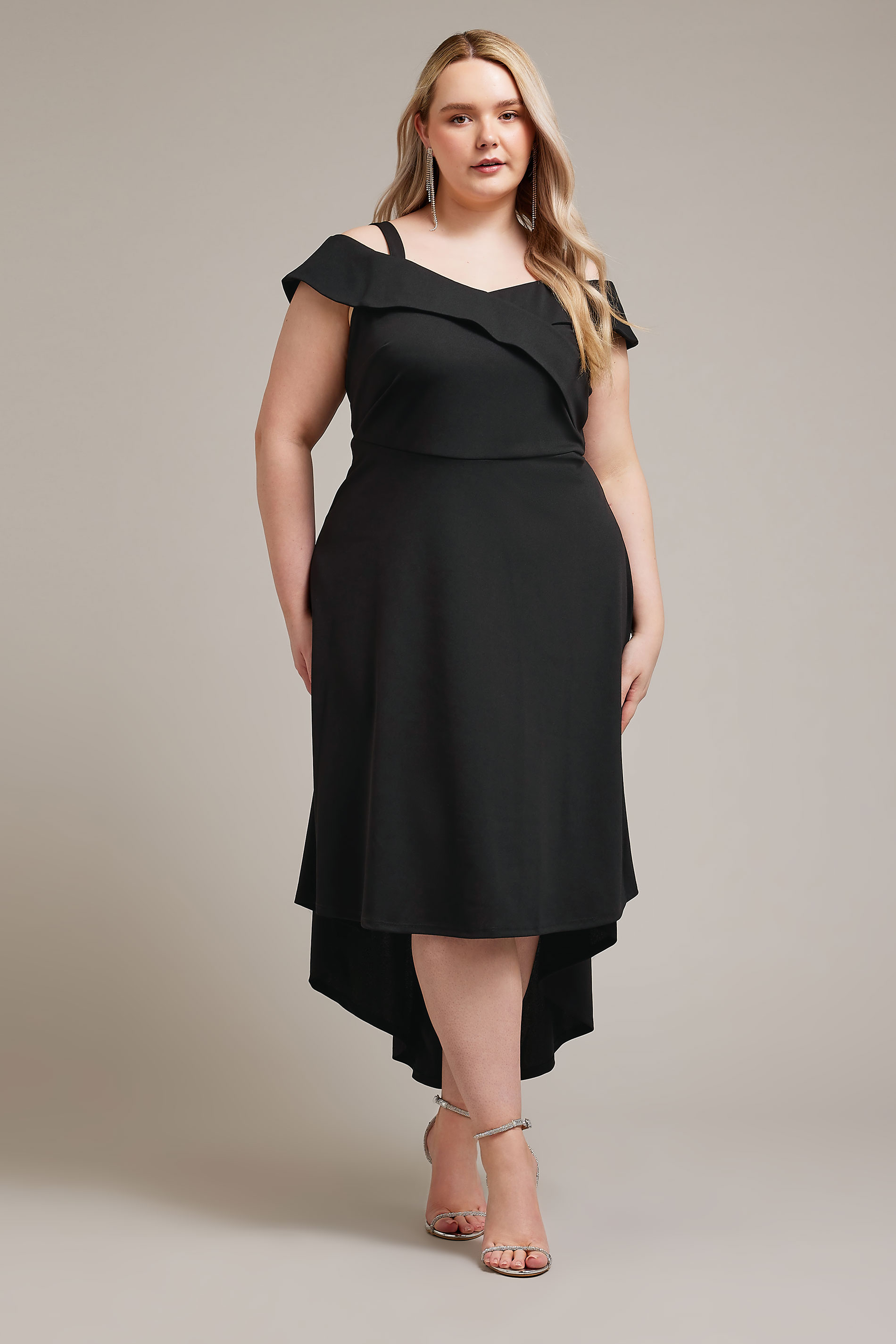 YOURS LONDON Plus Size Black Bardot Dipped Hem Dress | Yours Clothing 2