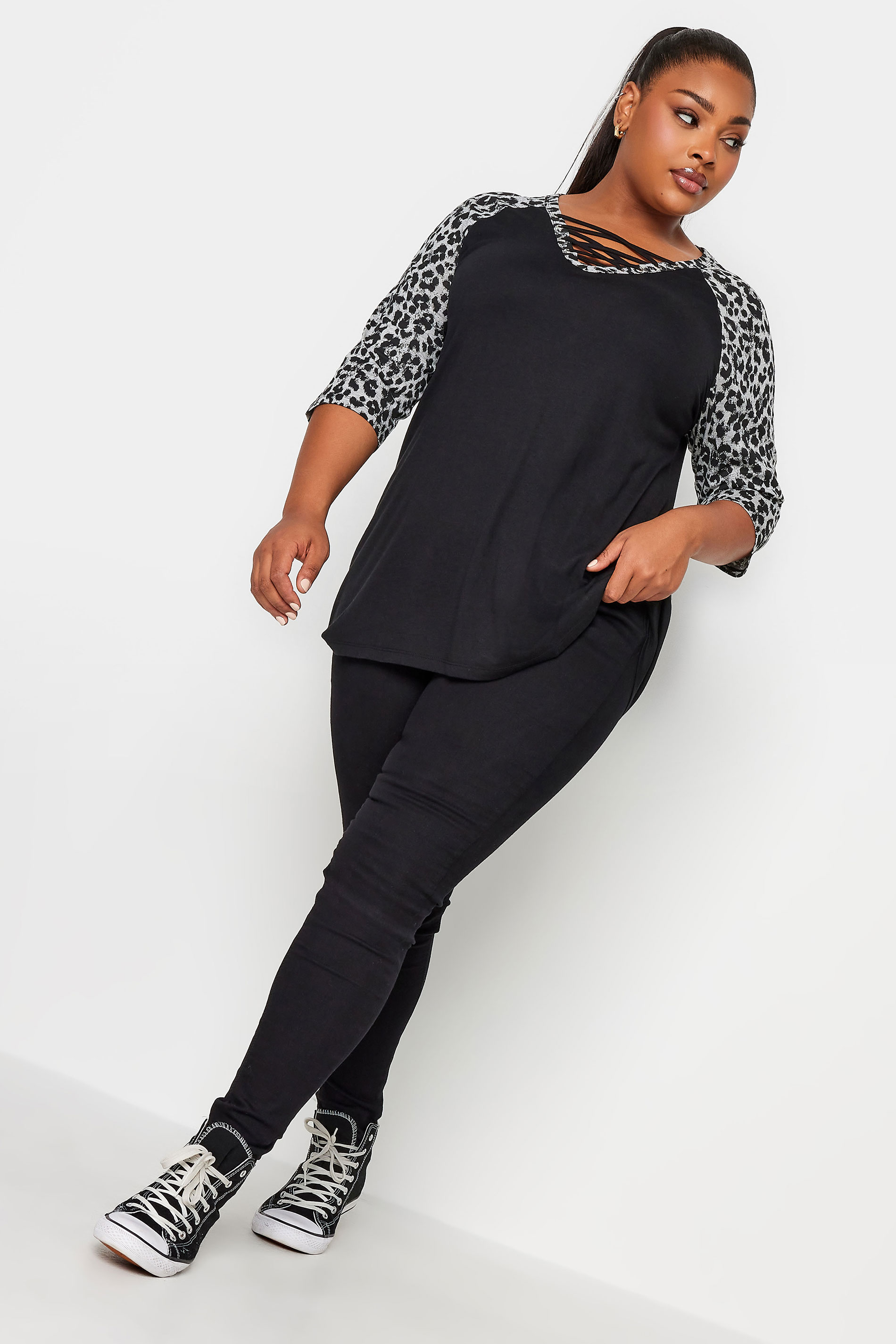 YOURS Plus Size 2 PACK Black Animal Print Lace Up Eyelet Tops | Yours Clothing 3