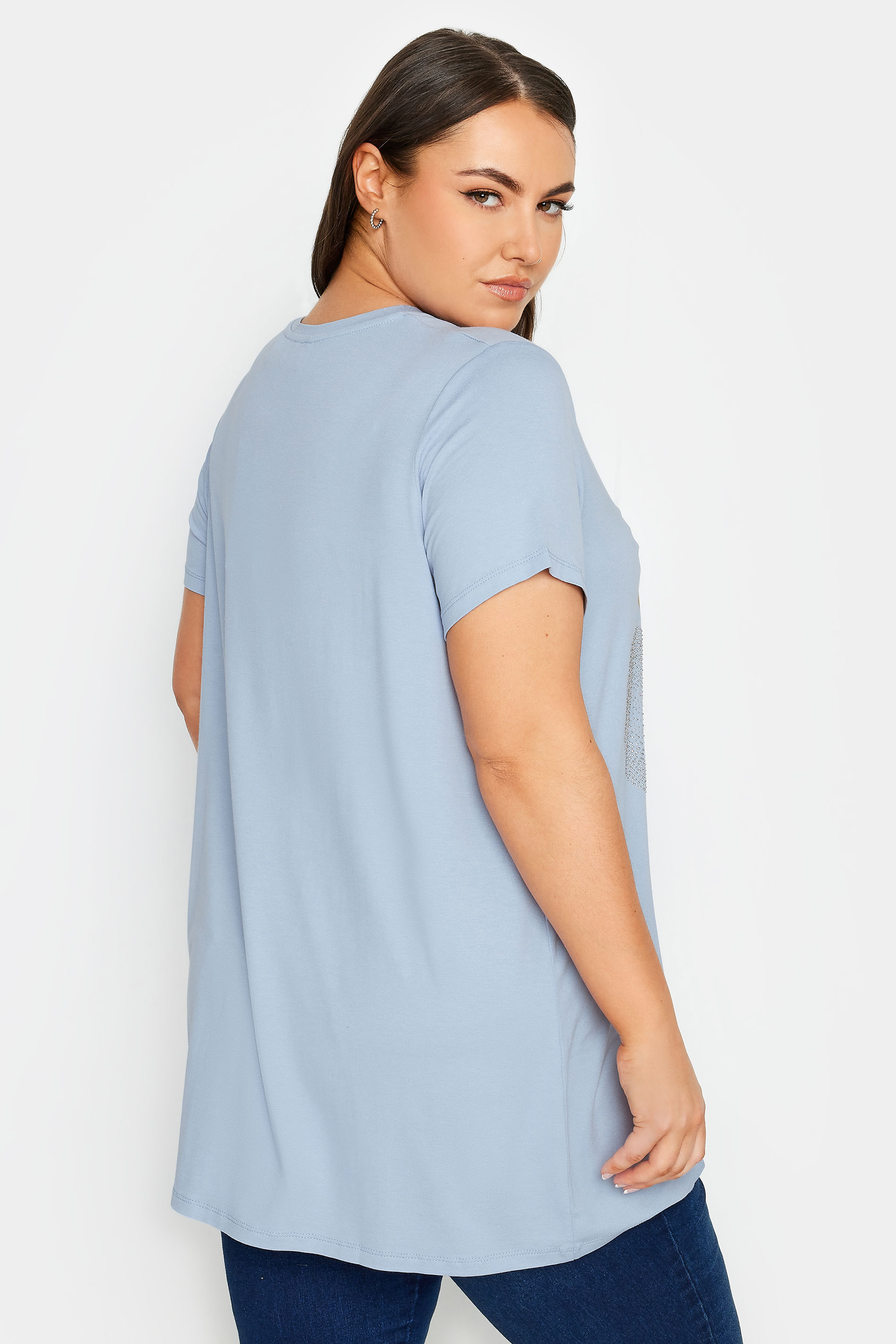 YOURS Plus Size Light Blue Glitter Heart Print T-Shirt | Yours Clothing  3