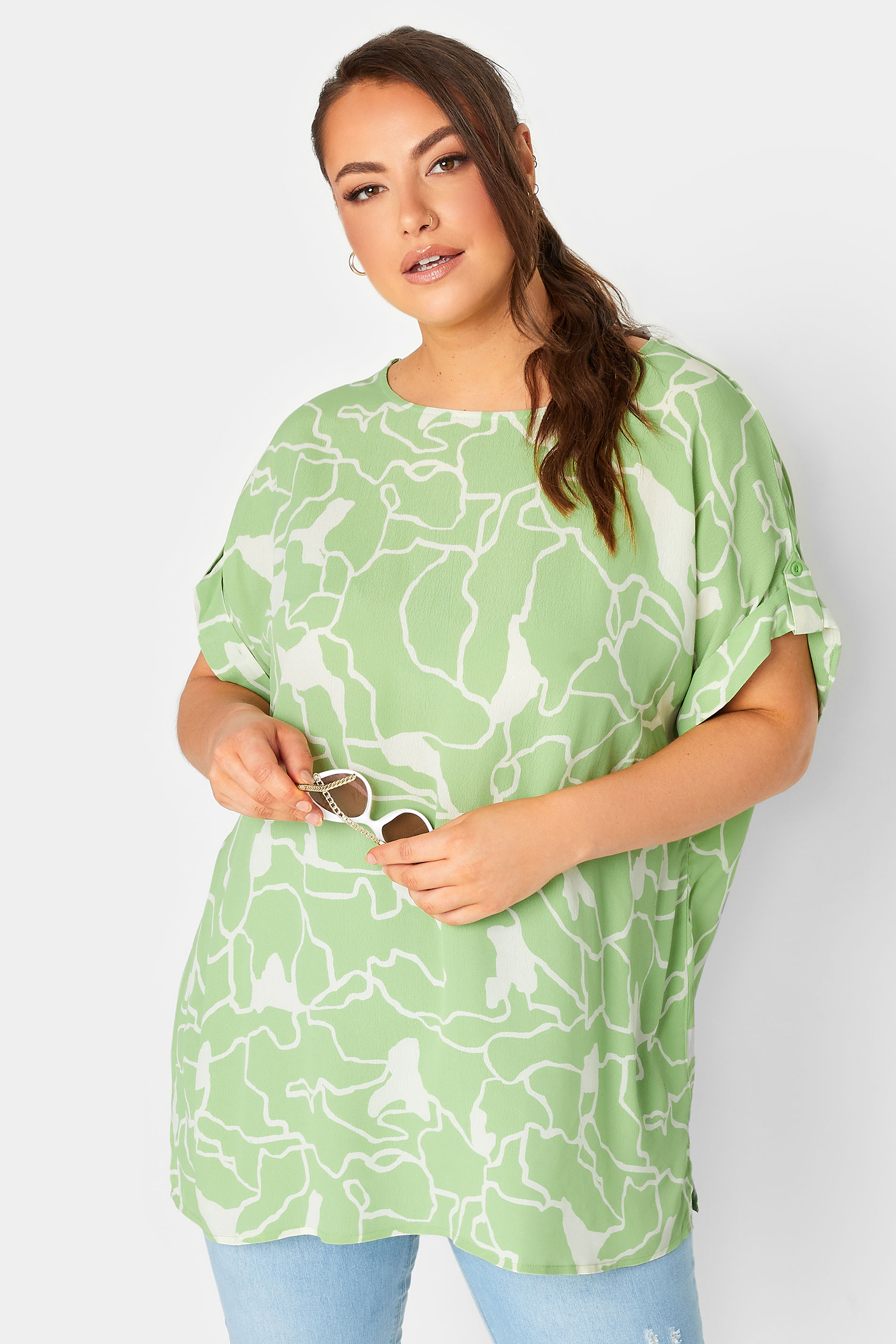 YOURS Plus Size Green Abstract Print Zip Back Oversized Top | Yours Clothing 1