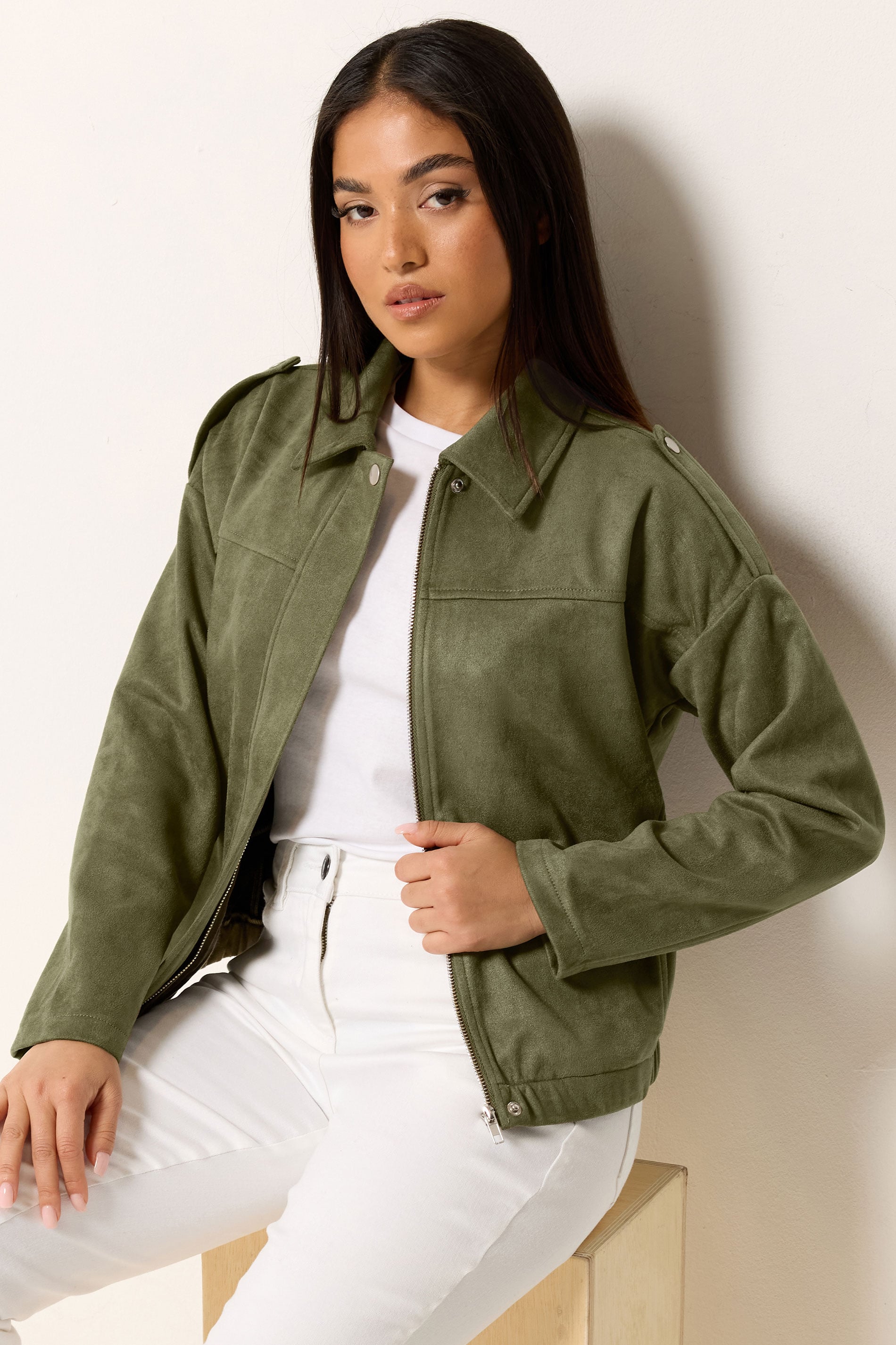 M&Co Petite Khaki Green Faux Suede Bomber Jacket | M&Co 3