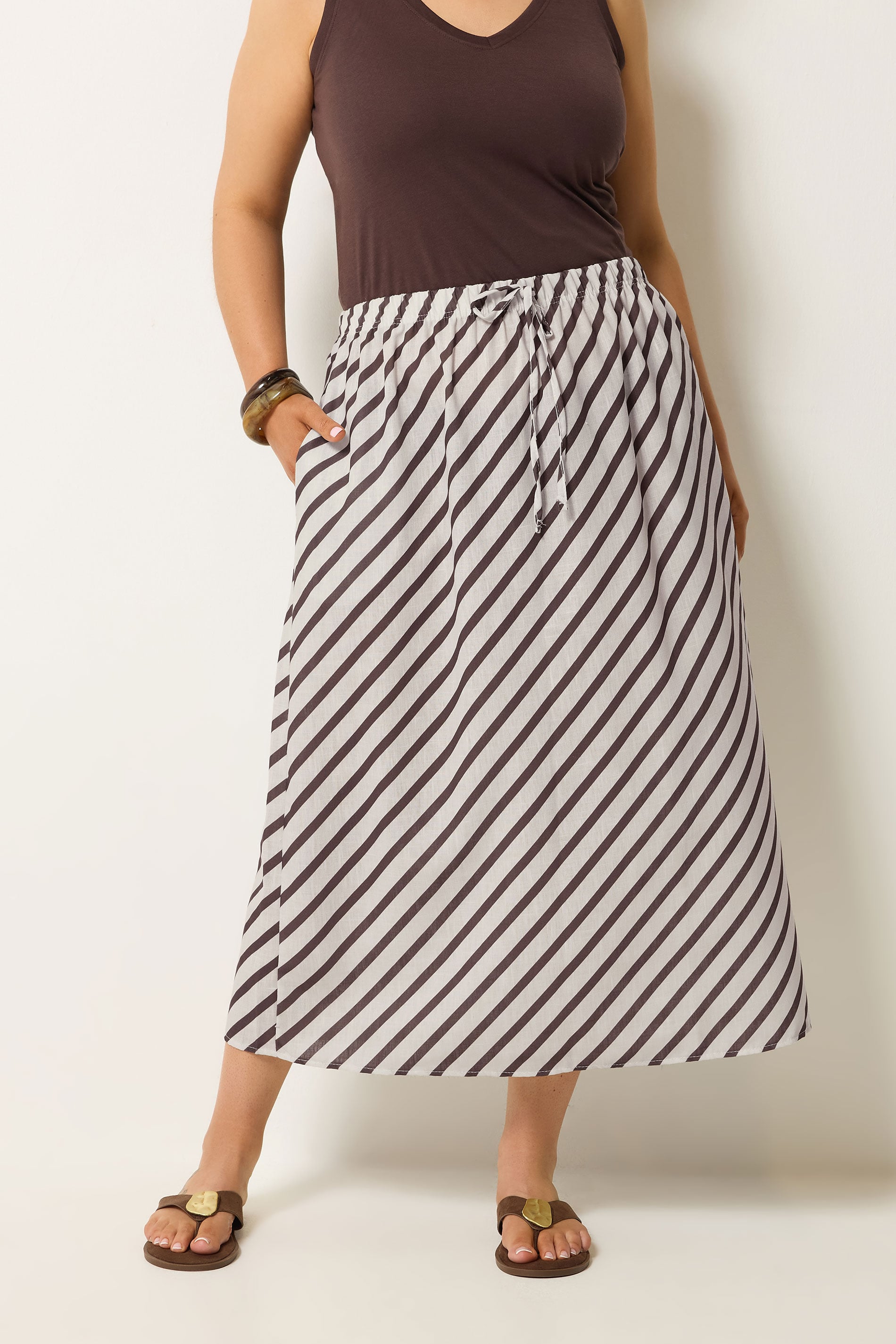 YOURS Plus Size Chocolate Brown Linen Look Stripe Skirt | Yours Clothing 3