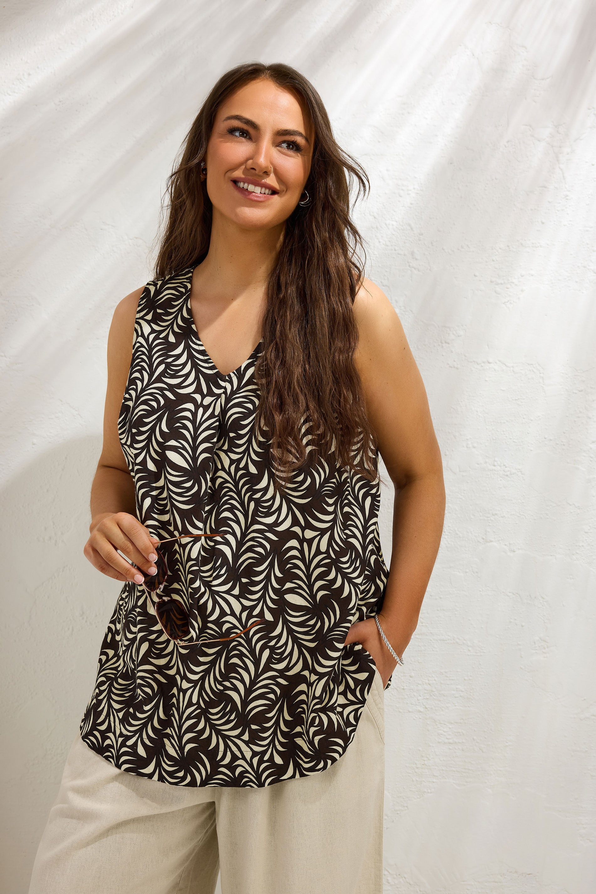 EVANS Plus Size Brown Leaf Print Linen Vest Top | Evans 3