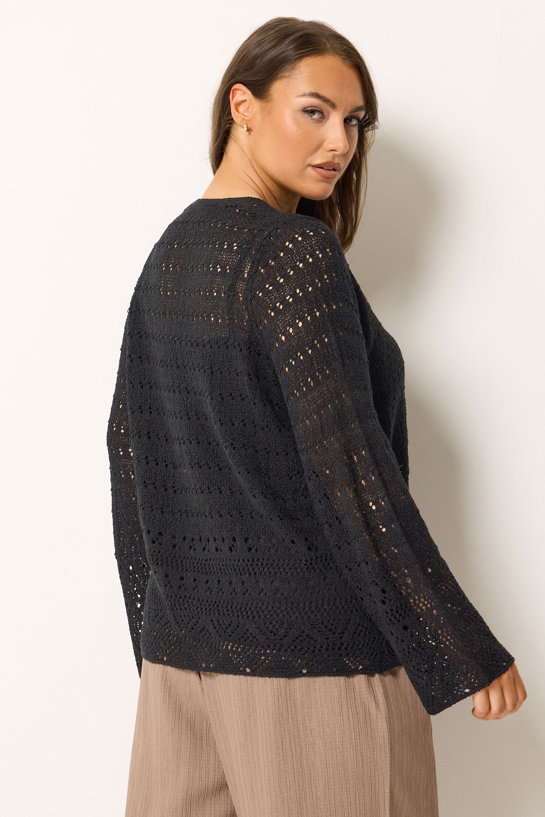 YOURS Plus Size Black Pointelle Knitted Tie Cardigan | Yours Clothing 2