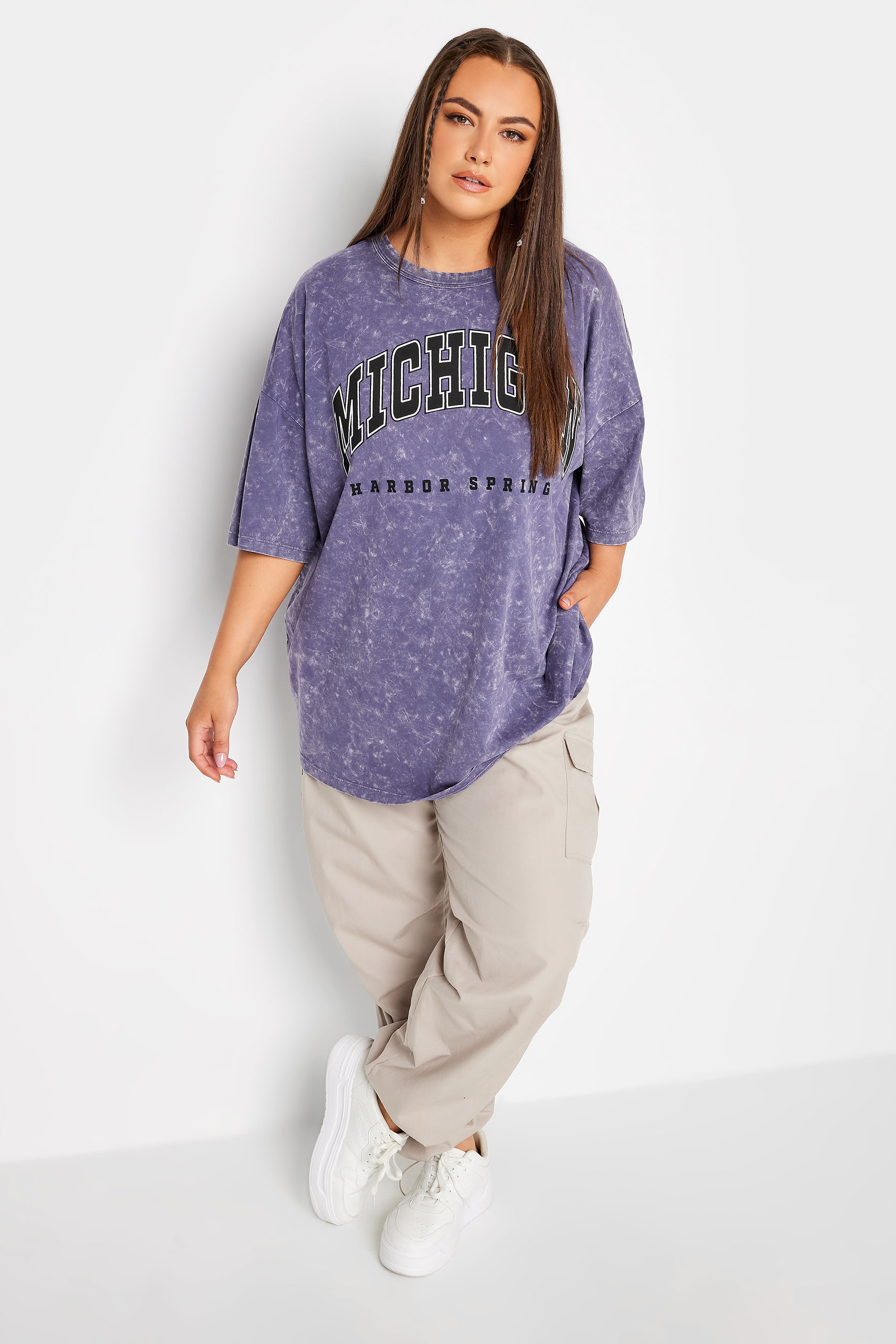YOURS Plus Size Purple 'Michigan' Slogan Acid Wash Oversized Boxy T-Shirt | Yours Clothing  3