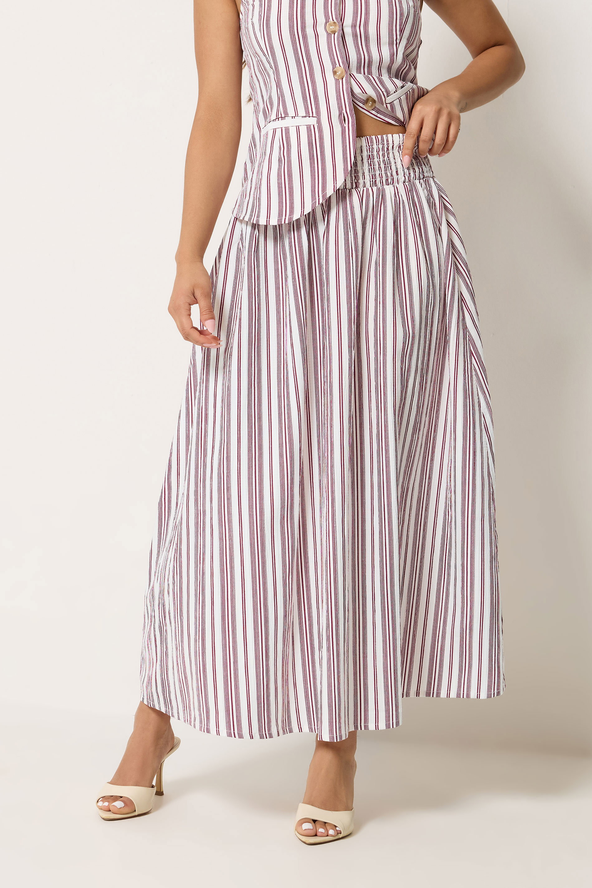 PixieGirl Petite Women's Burgundy Red Stripe Maxi Skirt | PixieGirl  1