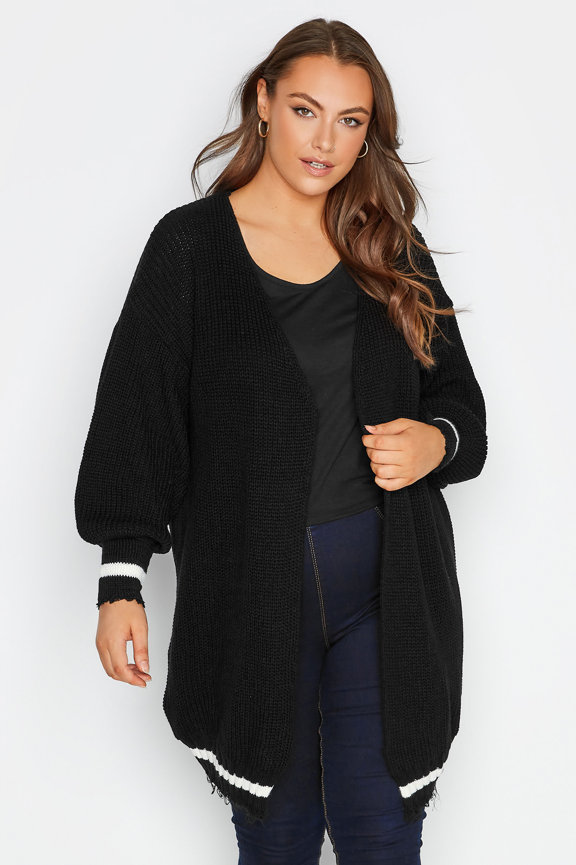 Plus Size Curve Black Stripe Trim Knitted Cardigan | Yours Clothing 2