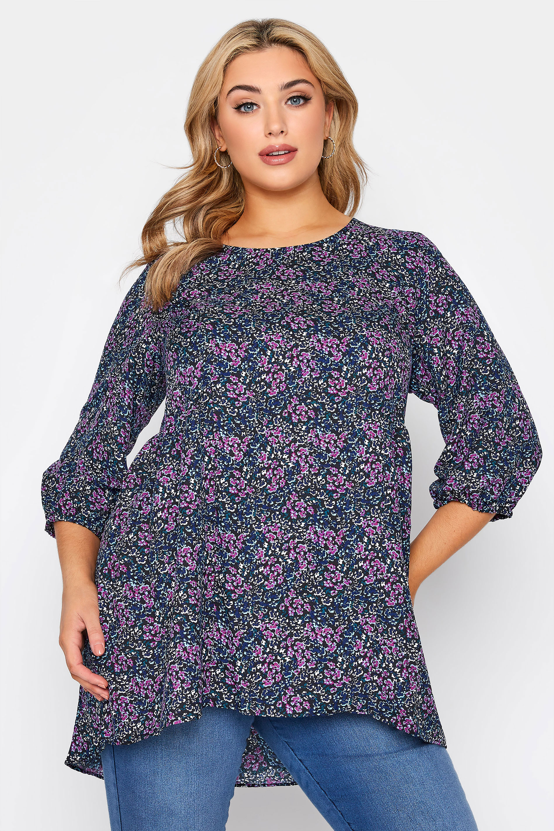 LIMITED COLLECTION Plus Size Black & Blue Ditsy Print Top | Yours Clothing 1