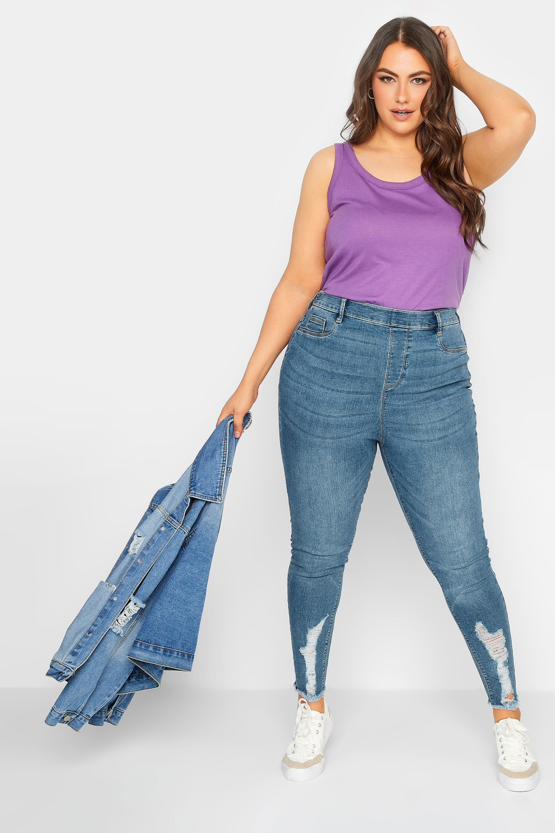 YOURS Plus Size Mid Blue Distressed Hem GRACE Jeggings | Yours Clothing 2