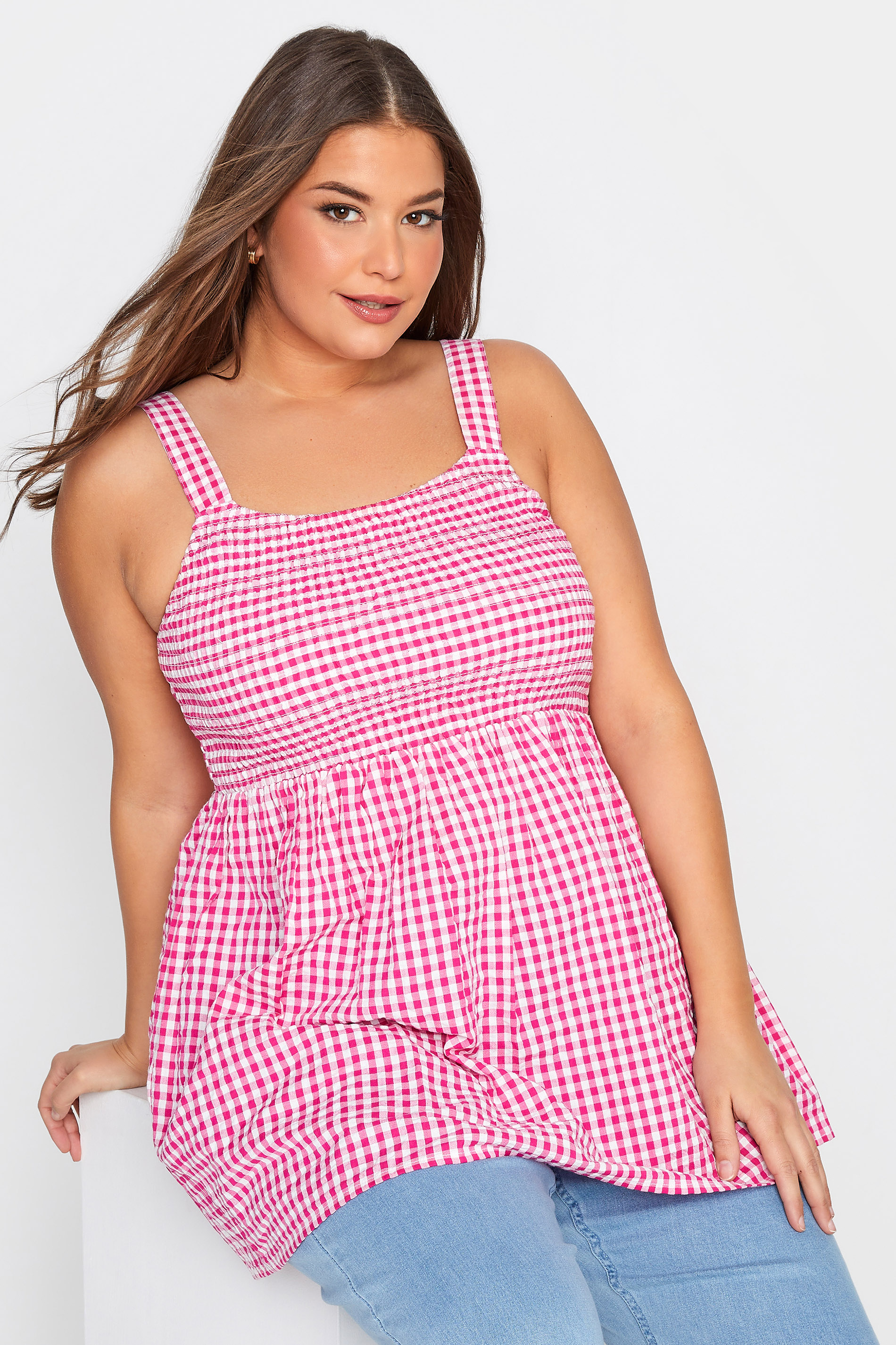 Plus Size Pink Gingham Shirred Vest Top | Yours Clothing  1