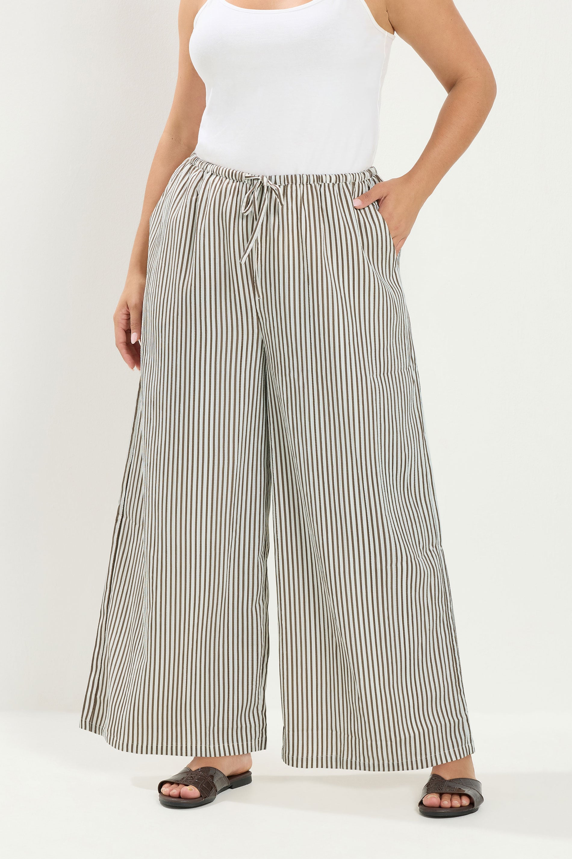 YOURS Plus Size Brown & White Striped Wide Leg Trousers | Yours Clothing 3