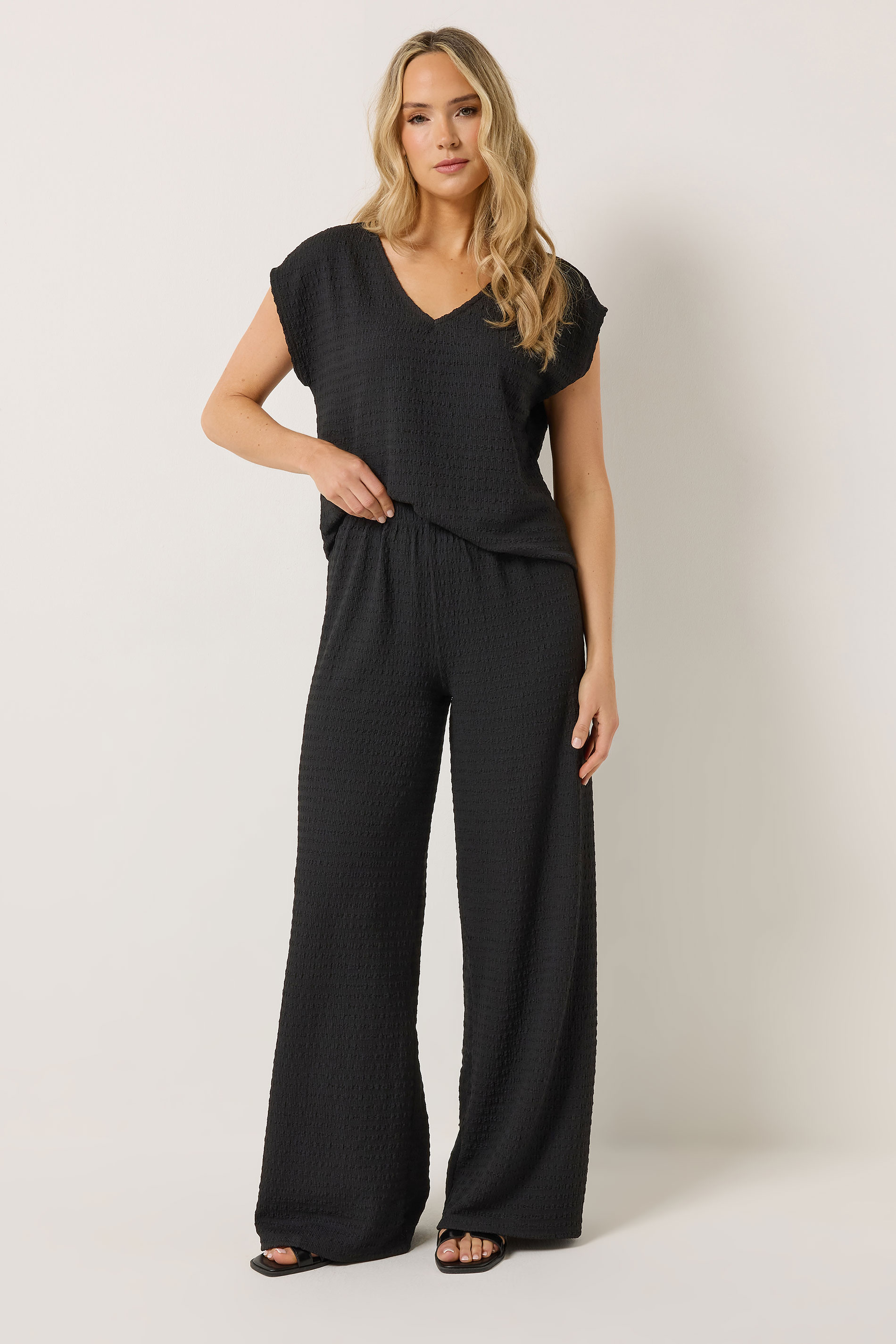 LTS Tall Women's Black Textured Elasticated Wide Leg Trousers | Long Tall Sally 3