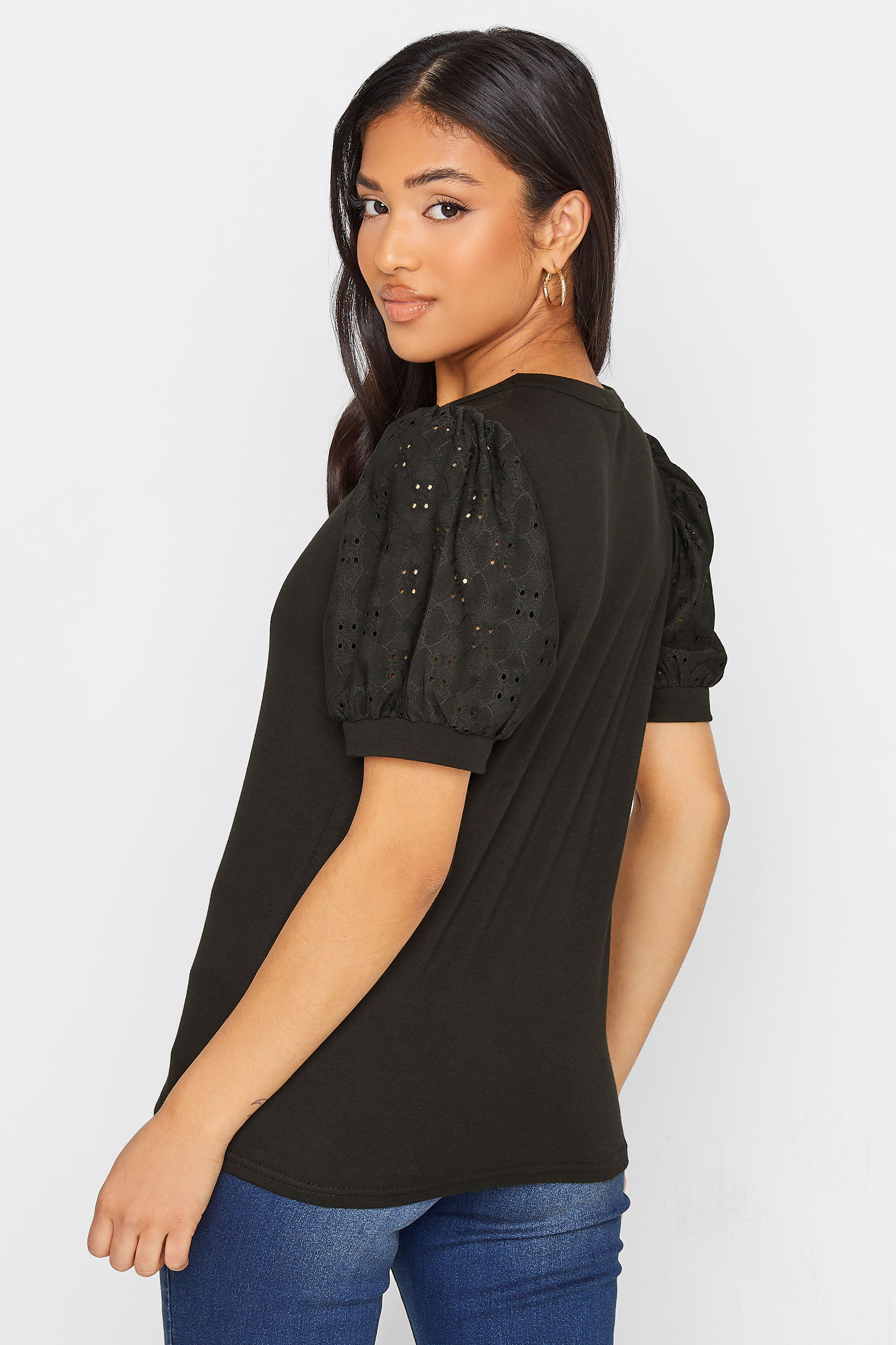 Petite Black Broderie Anglaise Puff Sleeve T-Shirt | PixieGirl