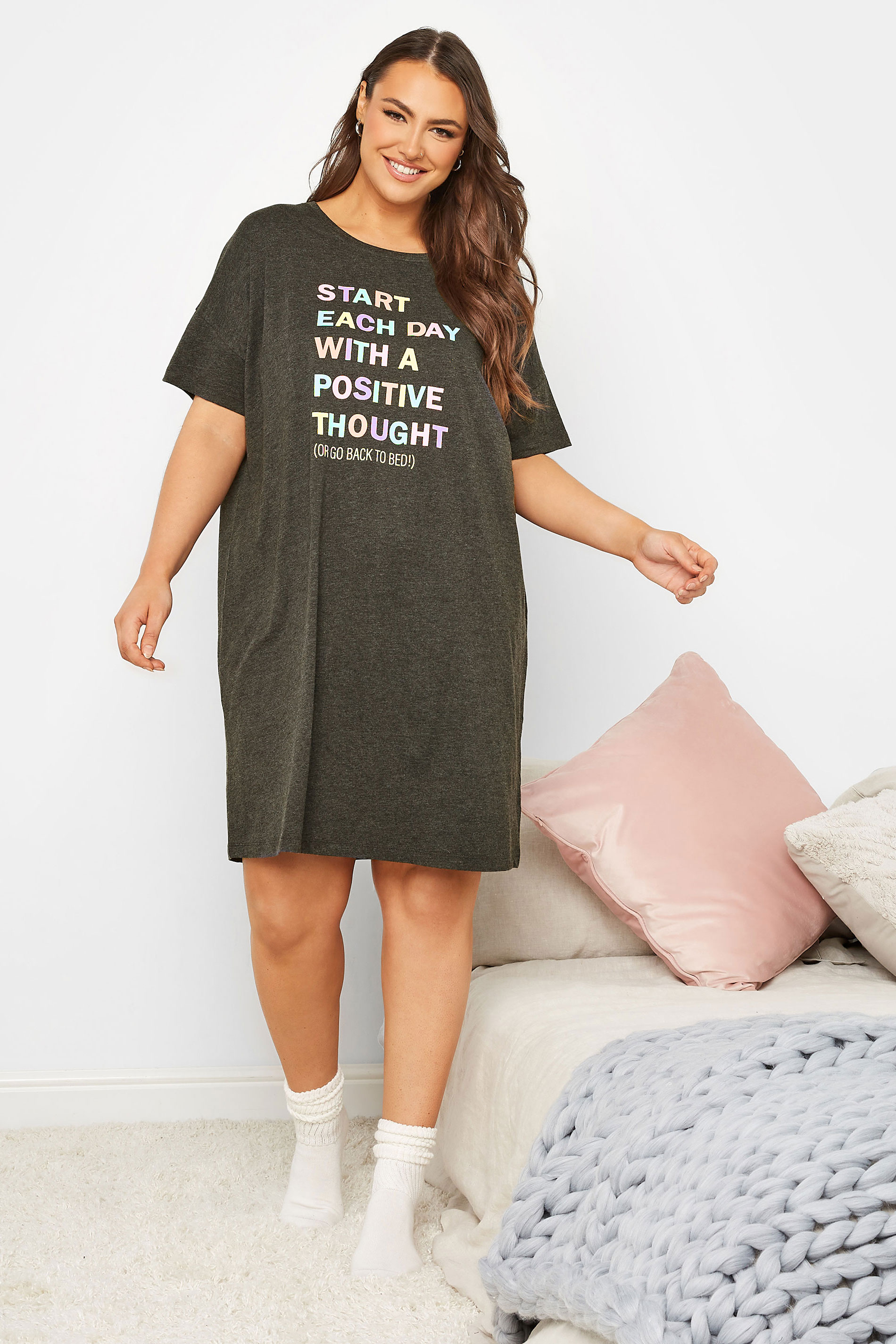 Curve Grey 'Start Each Day With A Positive Thought' Slogan Sleep Tee Nightdress | Yours Clothing 2