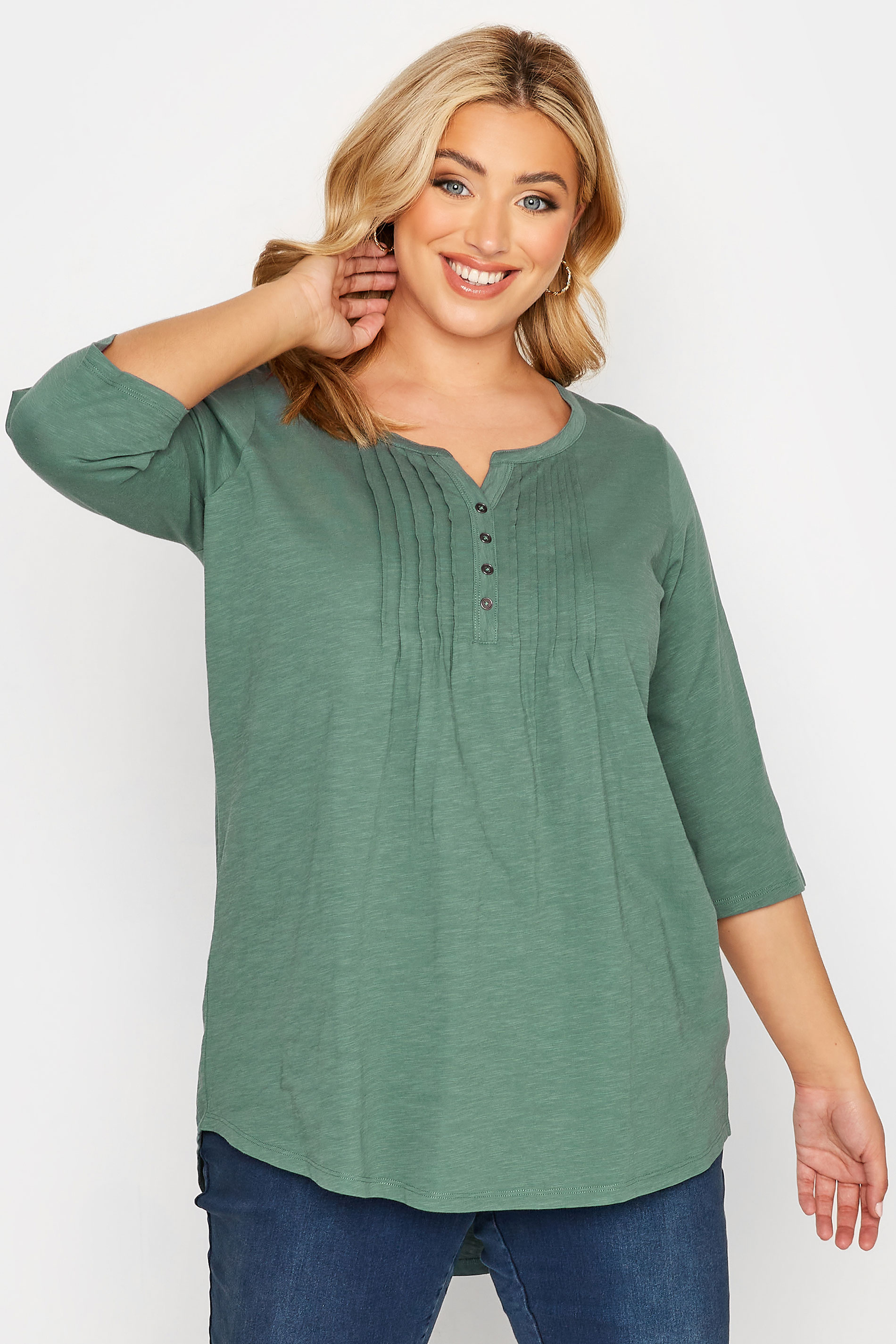 Plus Size Sage Green Pintuck Henley T-Shirt | Yours Clothing 1