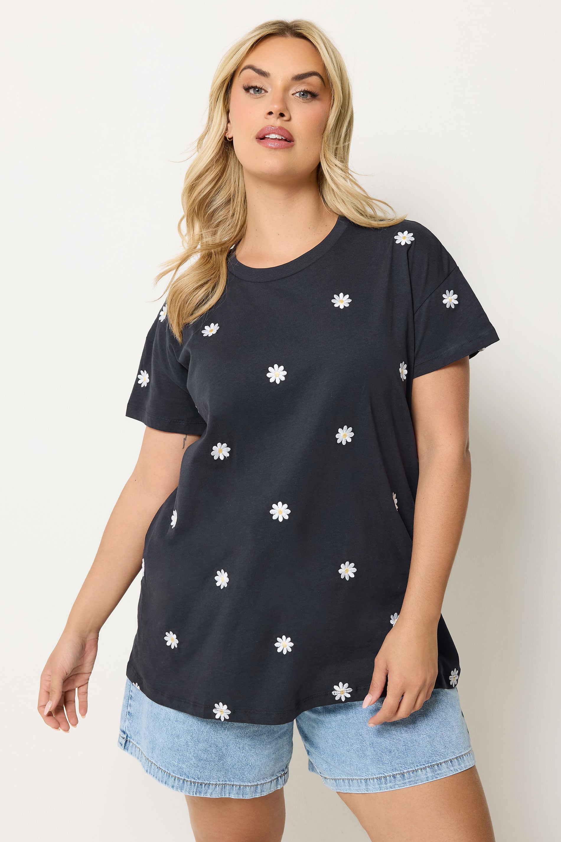 YOURS Plus Size Navy Blue Embroidered Daisy T-Shirt | Yours Clothing 3