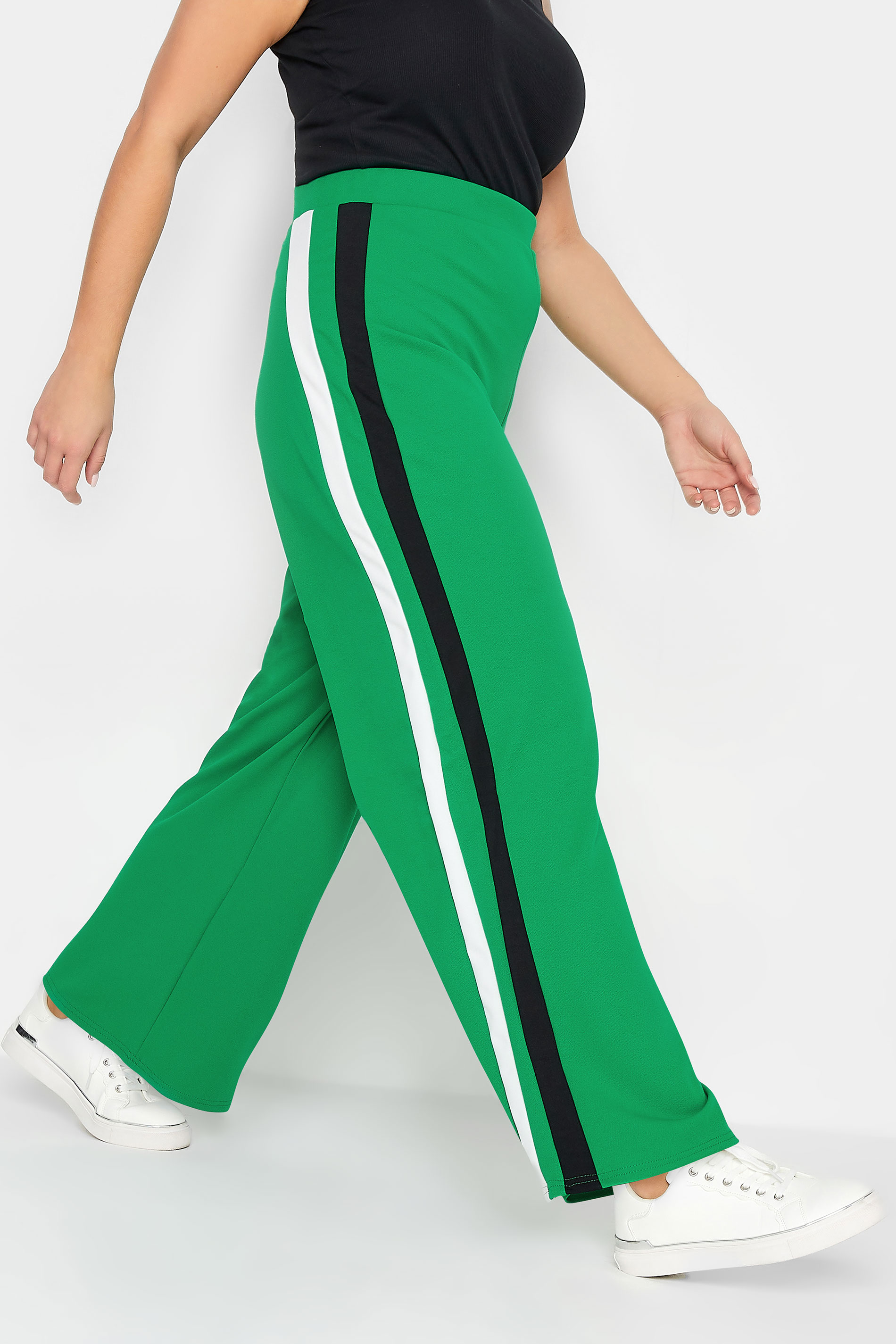 YOURS PETITE Plus Size Green Side Stripe Wide Leg Trousers | Yours Clothing 1