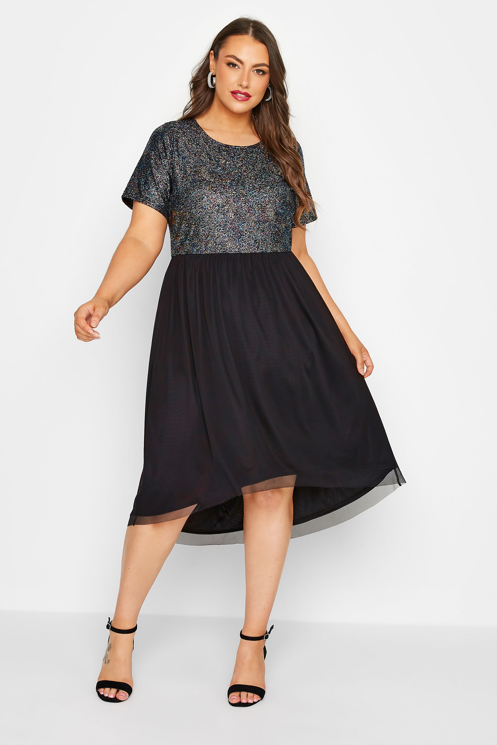 LIMITED COLLECTION Plus Size Black Glitter Mesh Dress | Yours Clothing 1