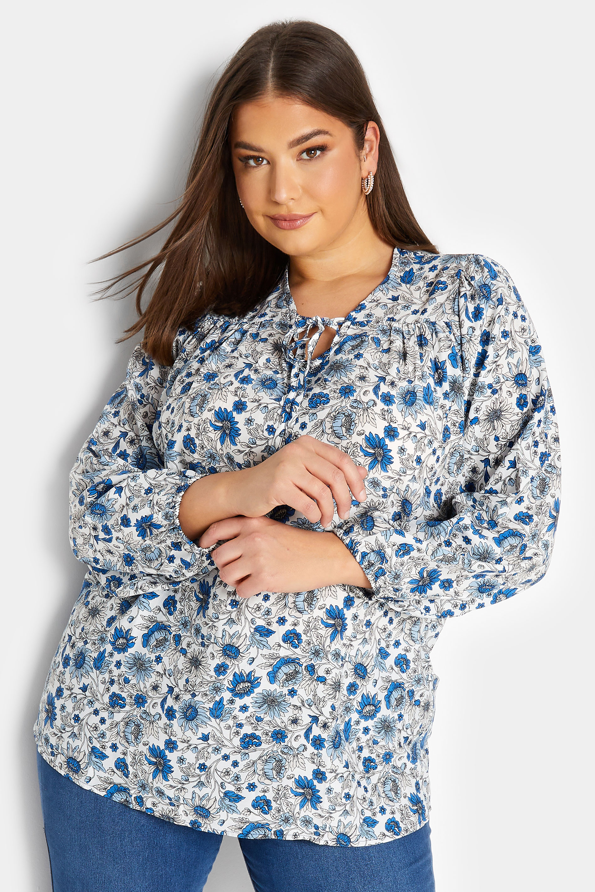 YOURS Plus Size Curve Blue Floral Long Sleeve Top | Yours Clothing  1