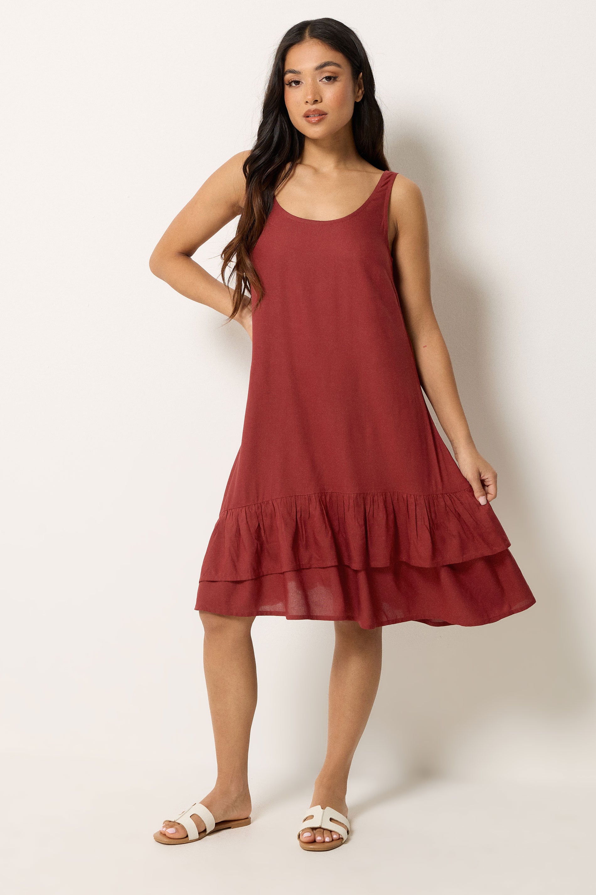 PixieGirl Petite Women's Dark Red Asymmetric Frill Midi Dress | PixieGirl 2