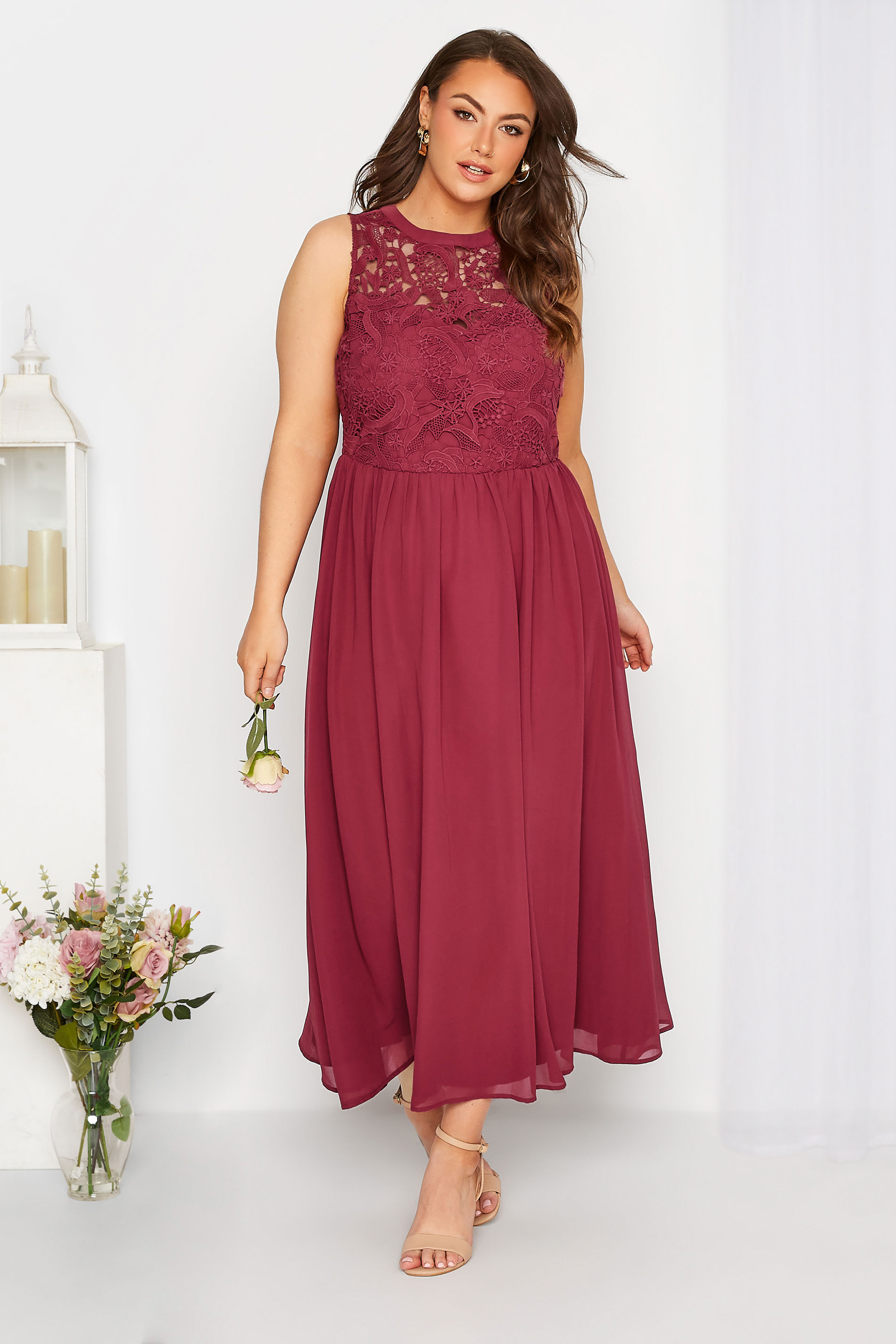 Plus Size YOURS LONDON Curve Burgundy Red Lace Front Chiffon Maxi Dress | Yours Clothing  1