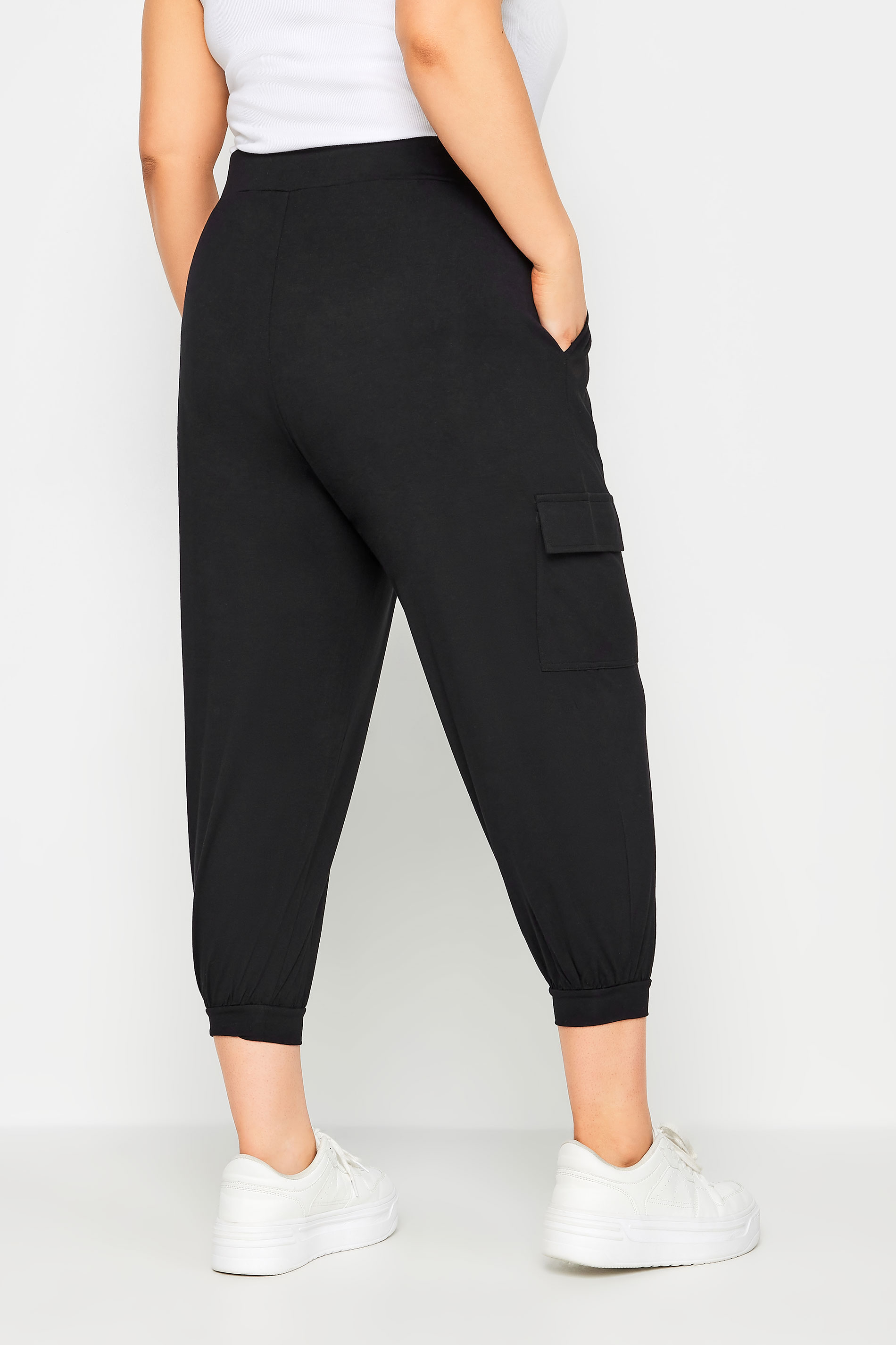 YOURS Plus Size Black Cropped Cargo Harem Trousers | Yours Clothing 3